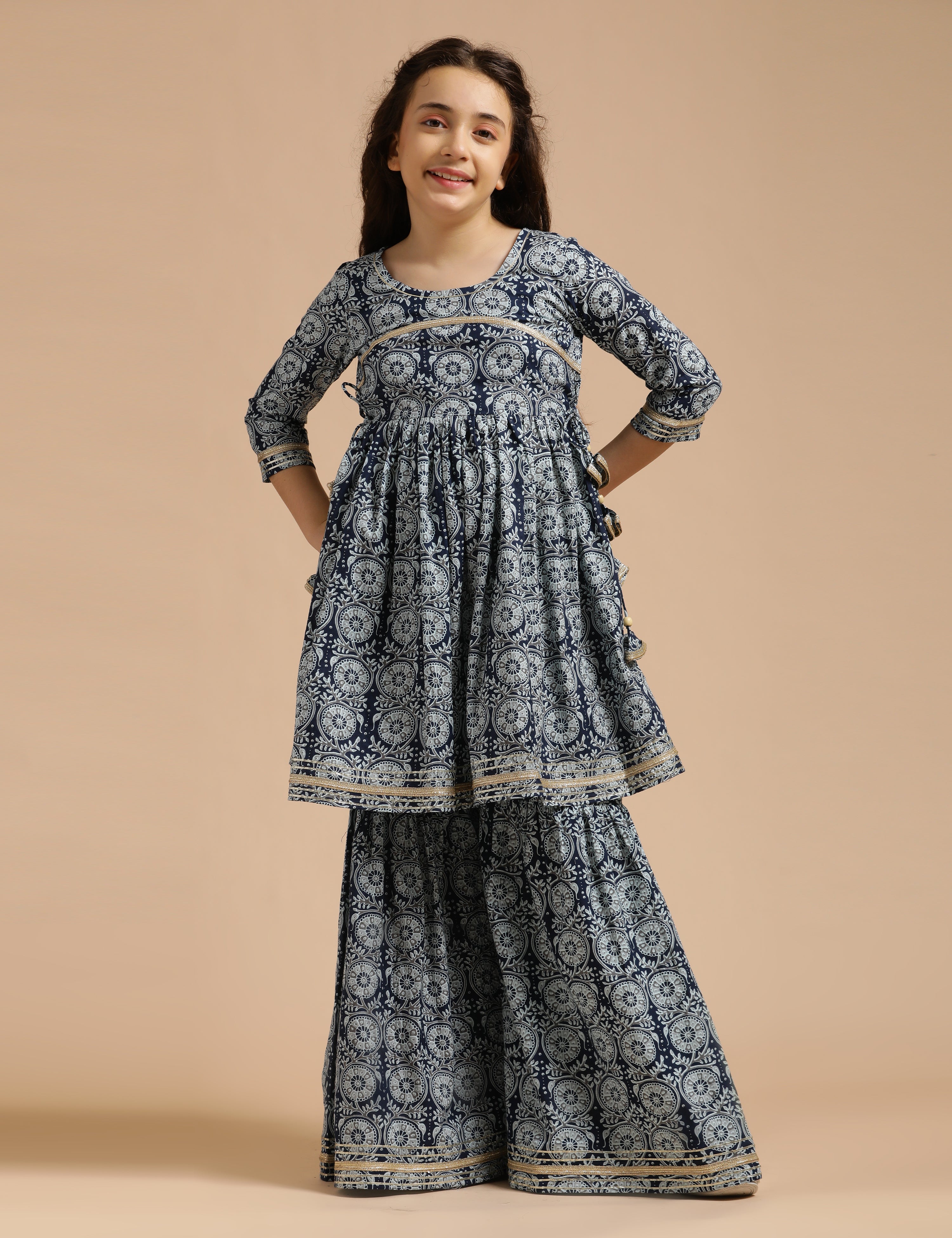Girls Pure Cotton Floral Embroidered Anarkali Kurta With Sharara
