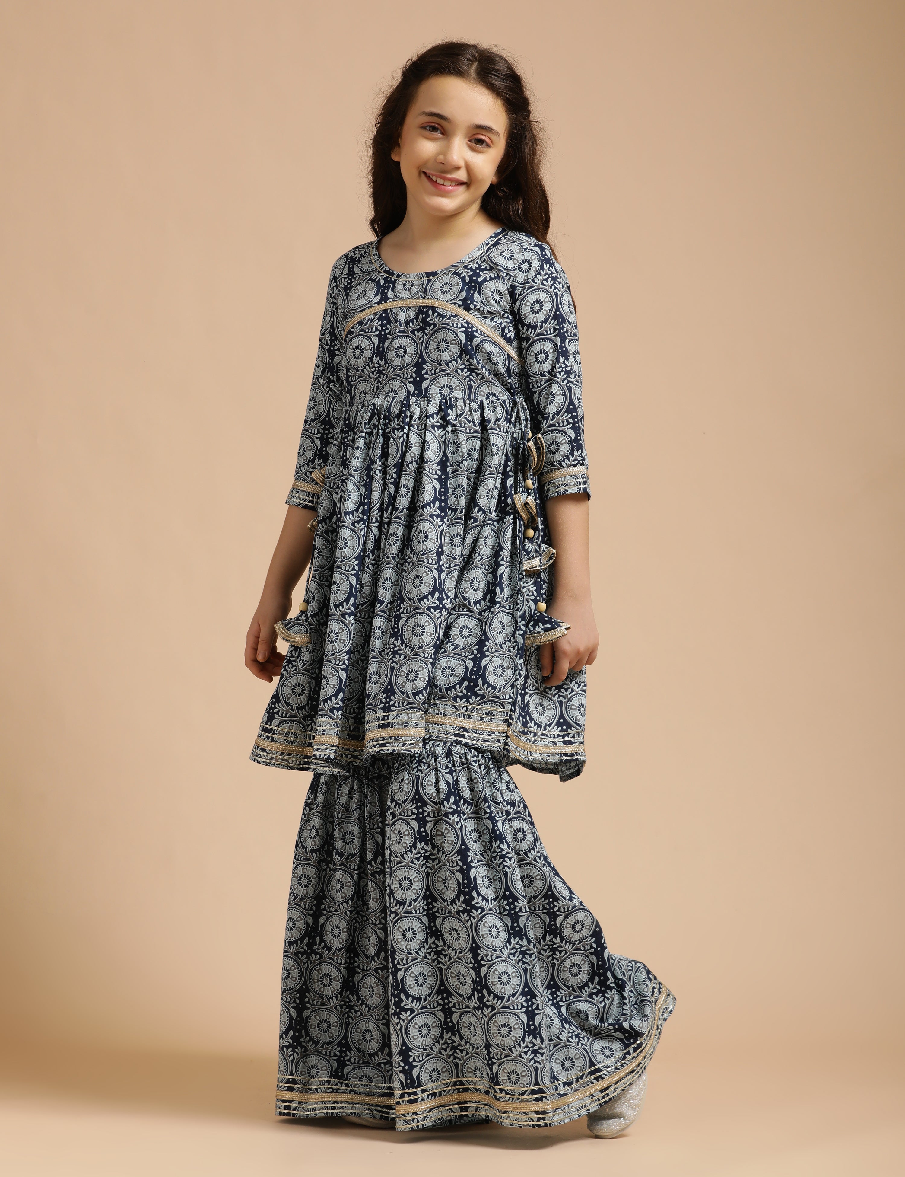 Girls Pure Cotton Floral Embroidered Anarkali Kurta With Sharara