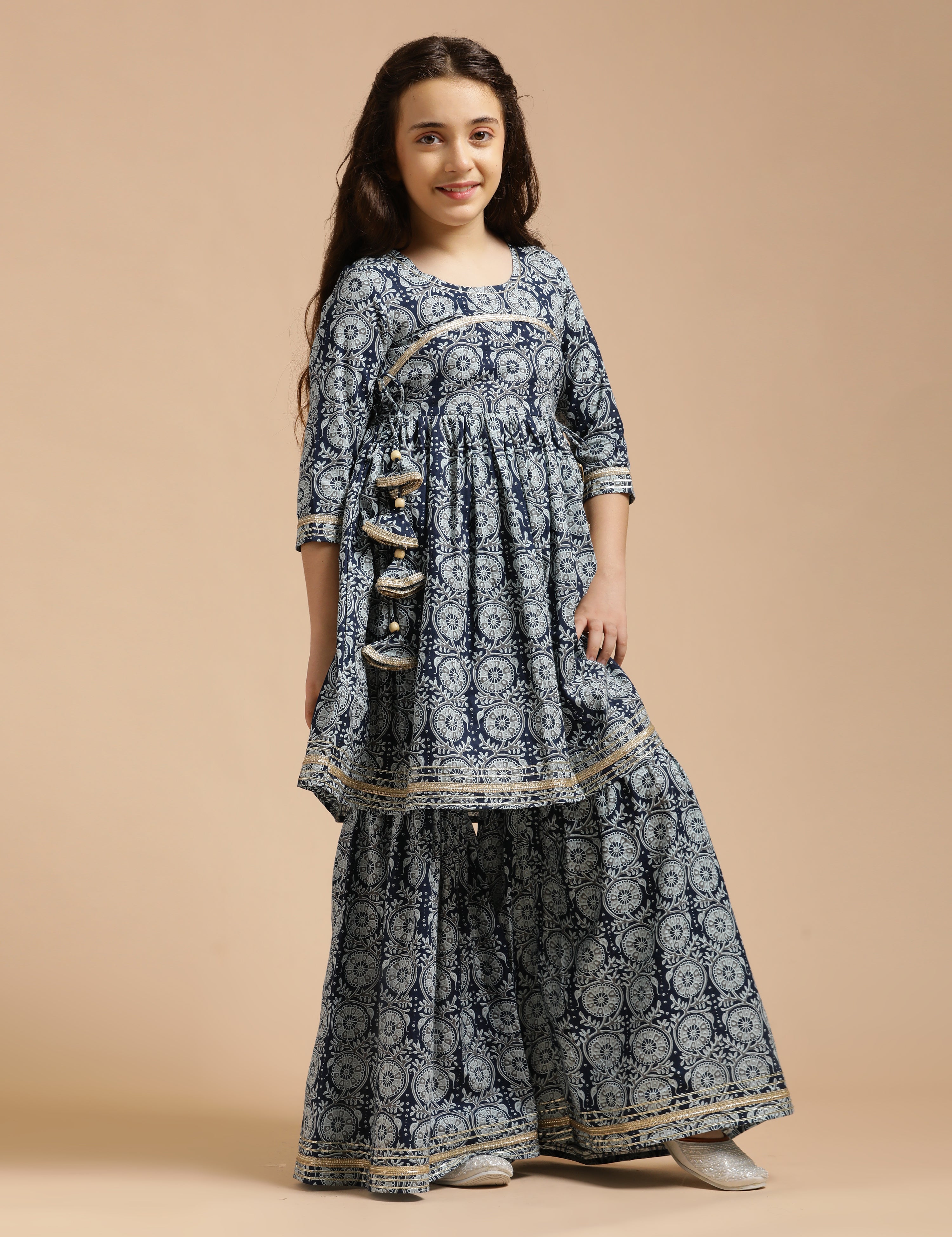 Girls Pure Cotton Floral Embroidered Anarkali Kurta With Sharara