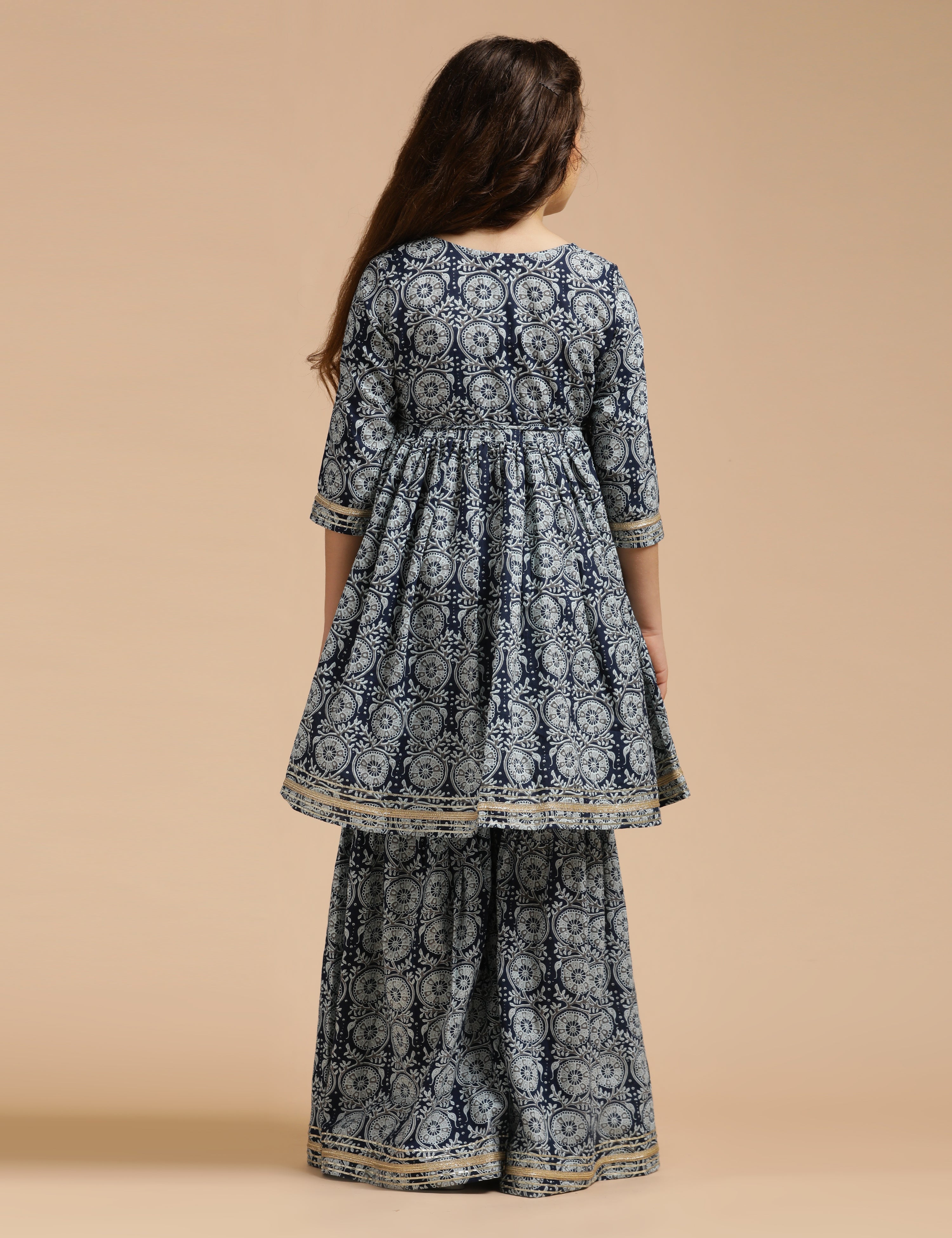 Girls Pure Cotton Floral Embroidered Anarkali Kurta With Sharara