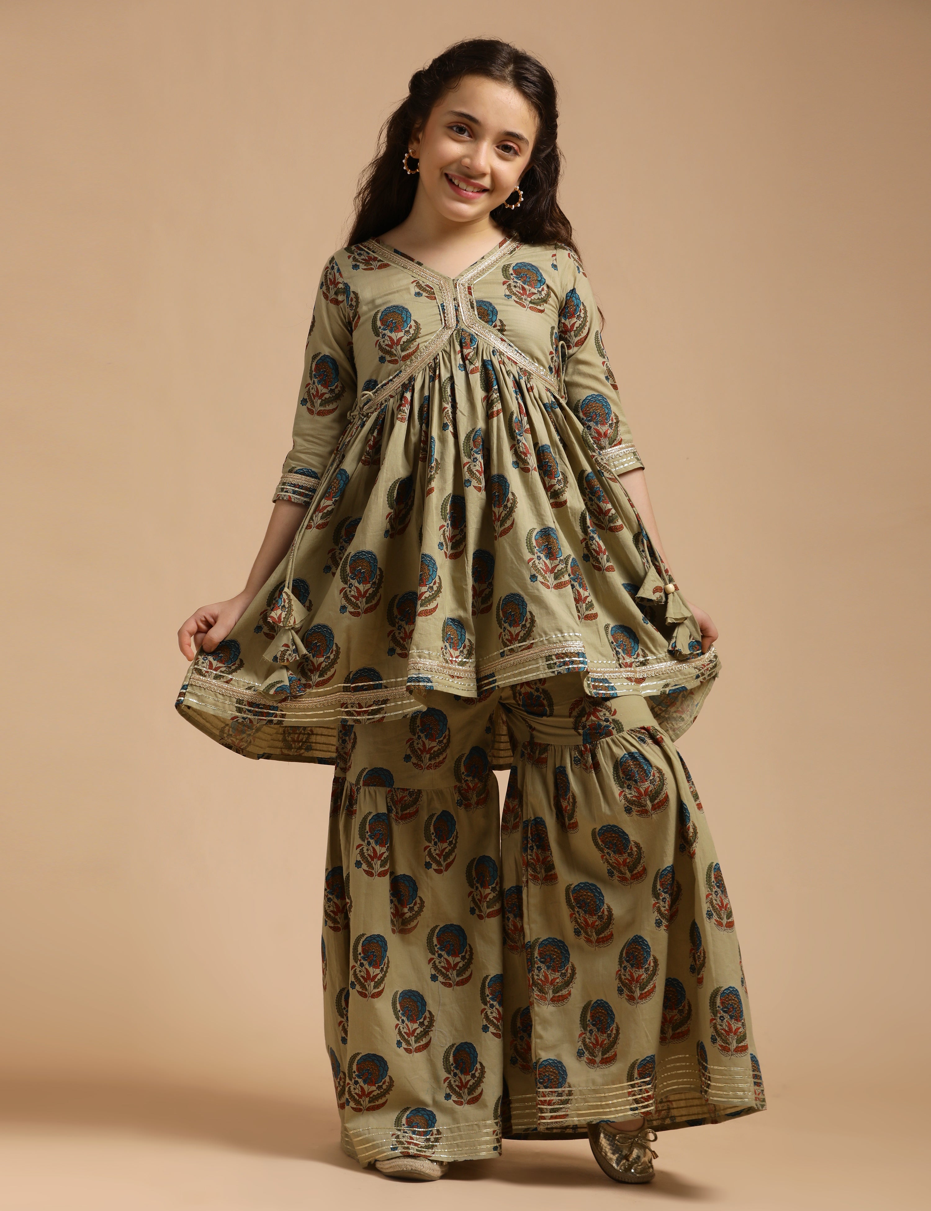 Girls Pure Cotton Floral Embroidered Anarkali Kurta With Sharara