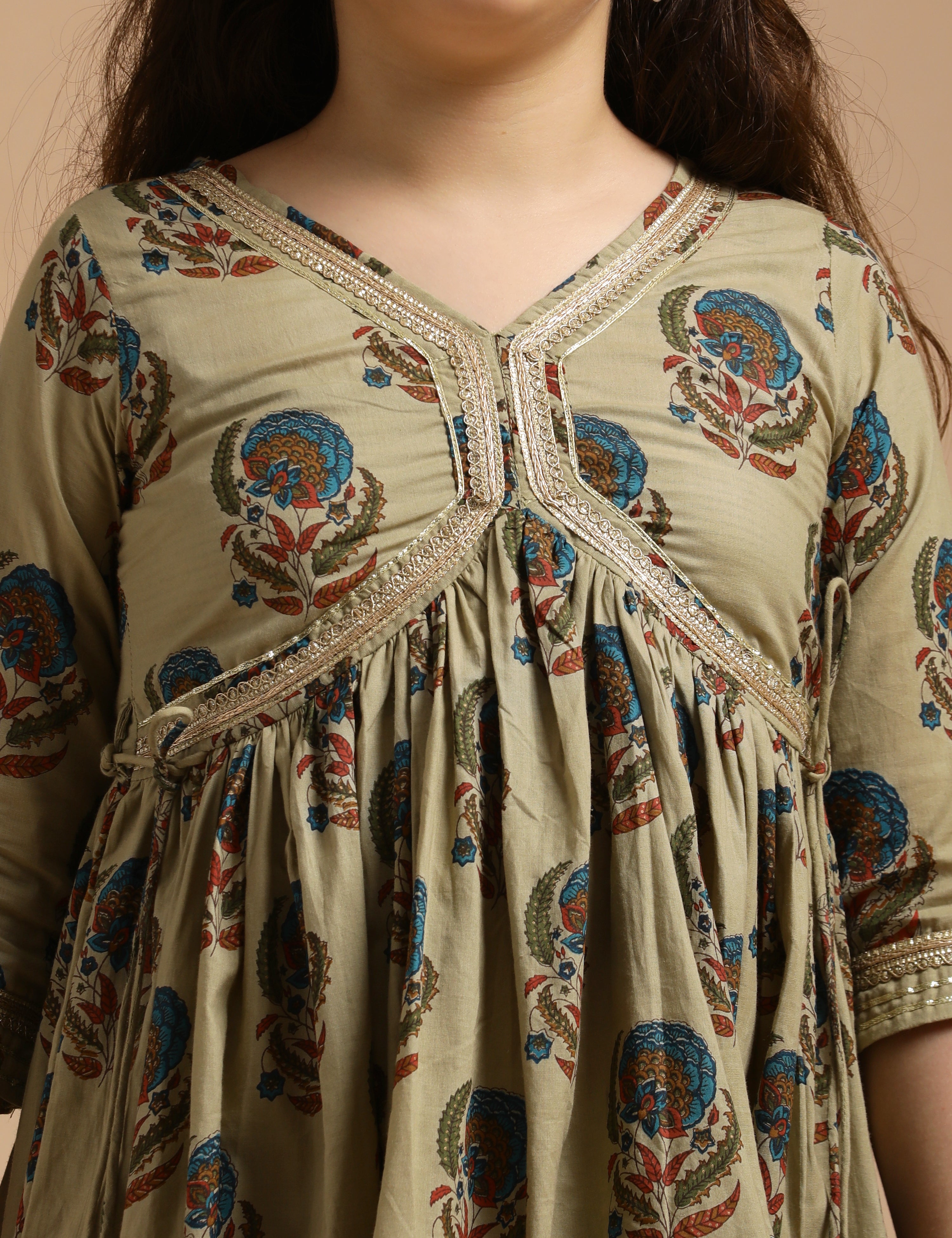 Girls Pure Cotton Floral Embroidered Anarkali Kurta With Sharara