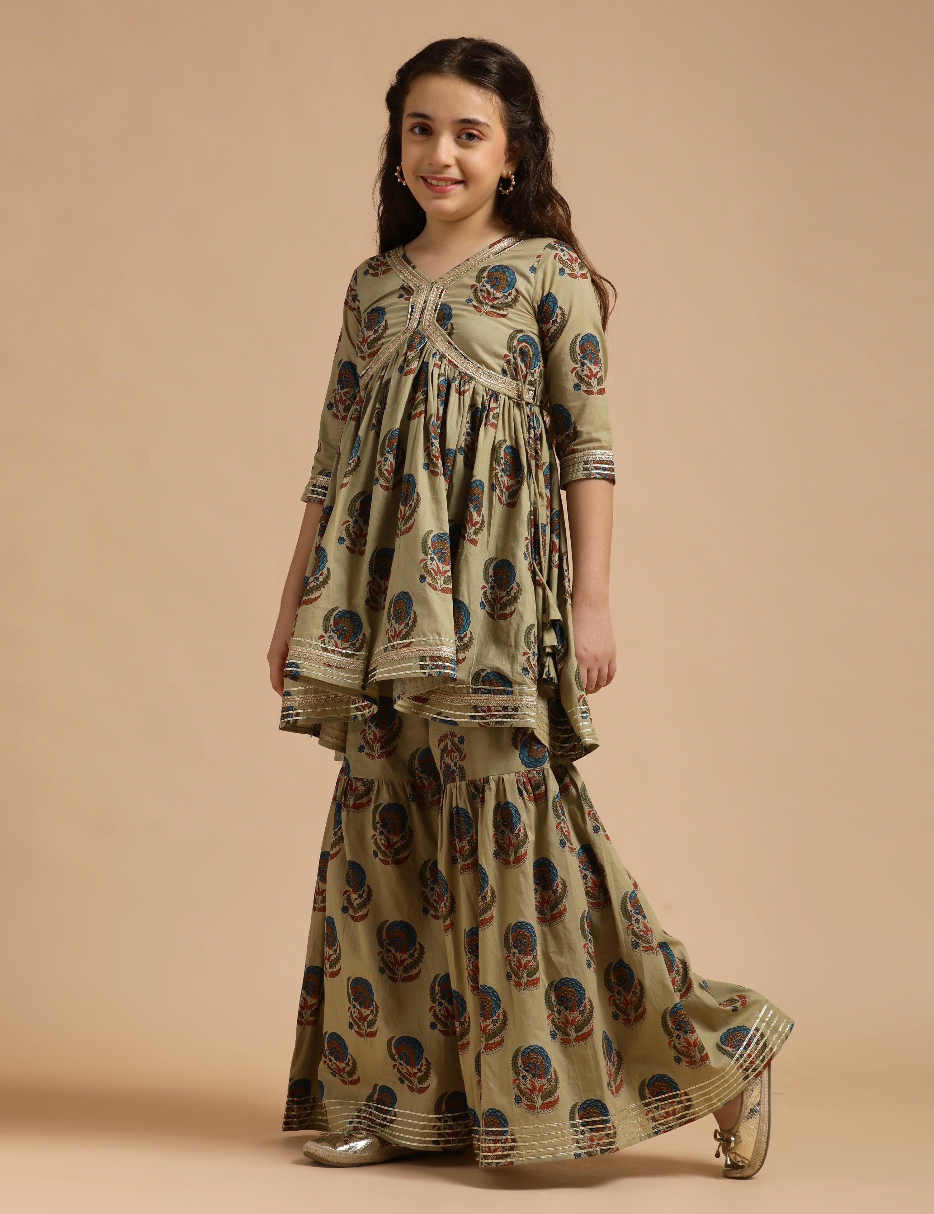 Girls Pure Cotton Floral Embroidered Anarkali Kurta With Sharara