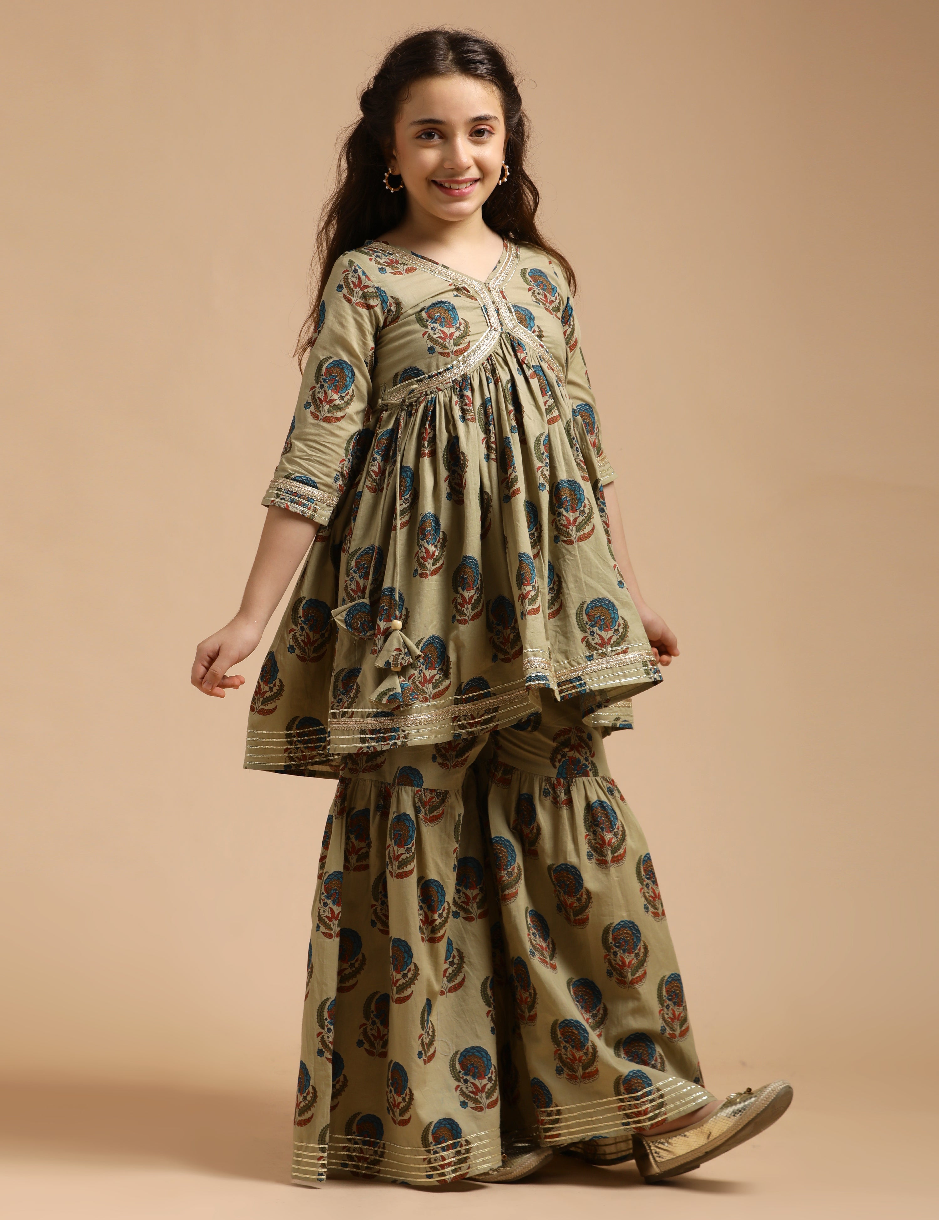 Girls Pure Cotton Floral Embroidered Anarkali Kurta With Sharara