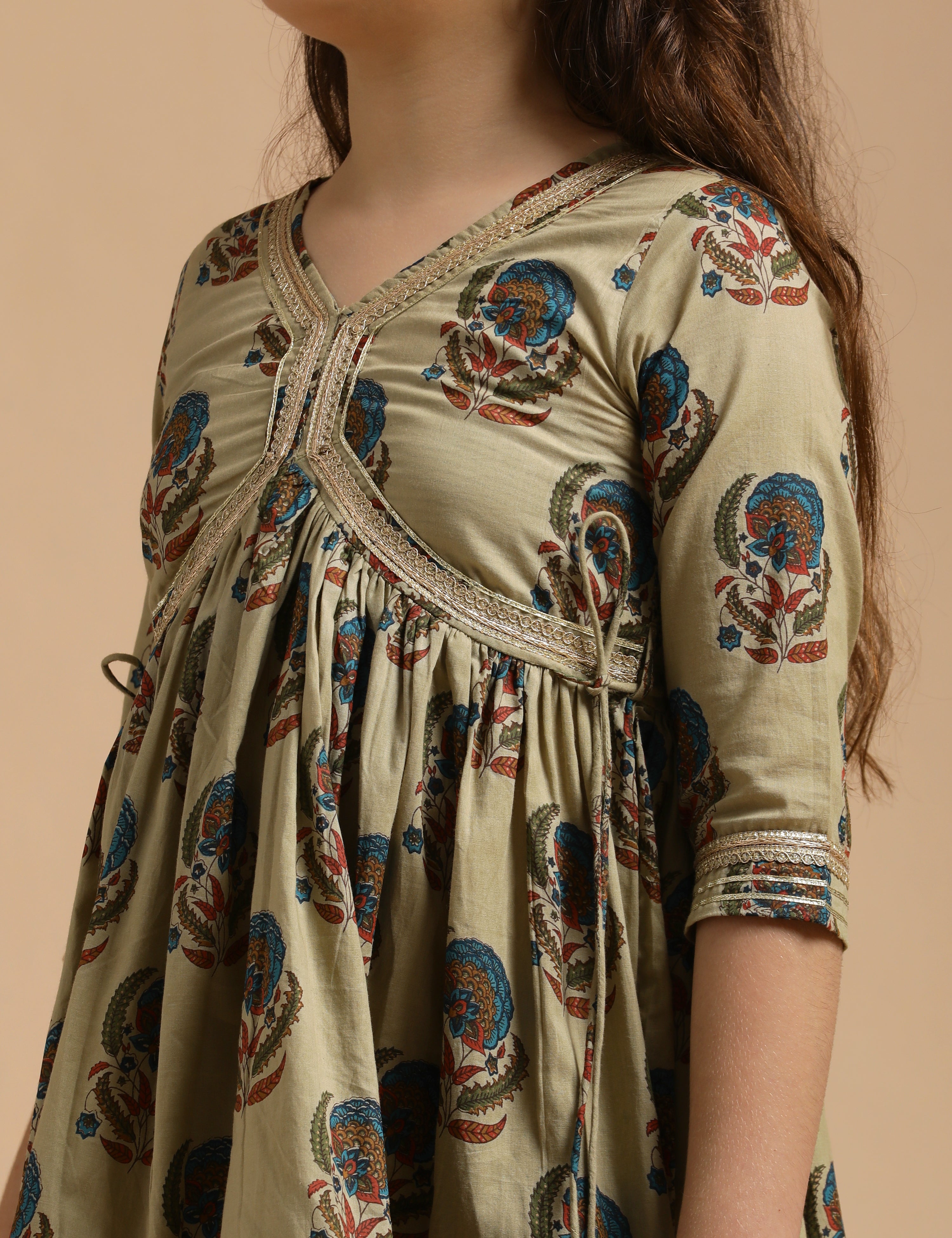 Girls Pure Cotton Floral Embroidered Anarkali Kurta With Sharara