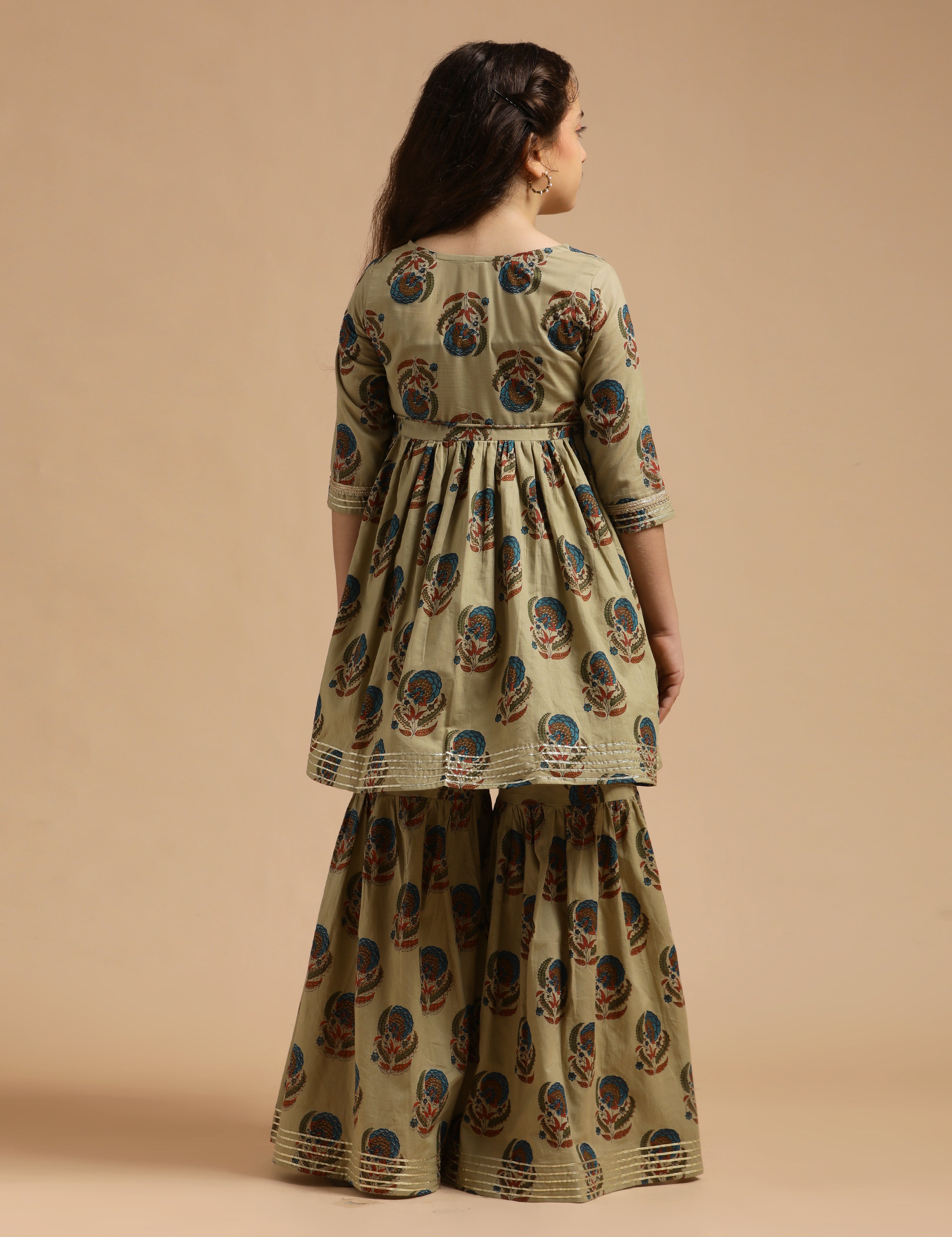 Girls Pure Cotton Floral Embroidered Anarkali Kurta With Sharara