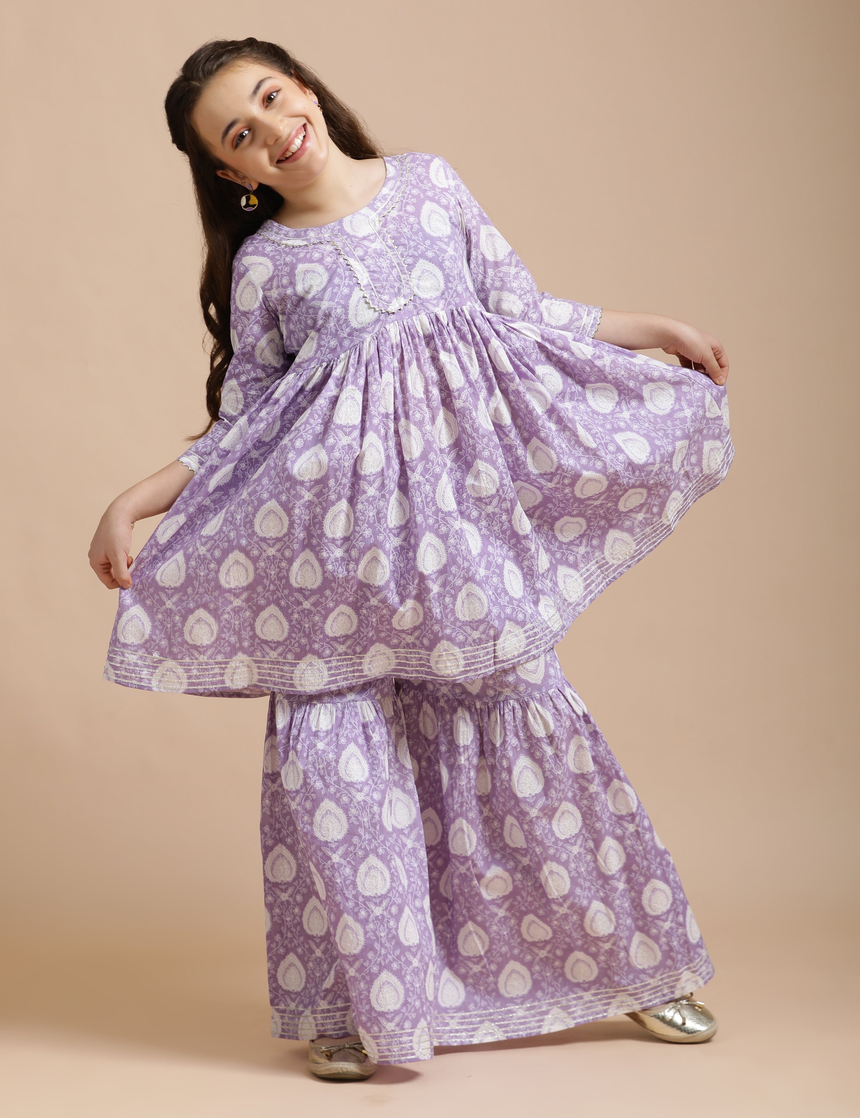 Girls Pure Cotton Floral Embroidered Anarkali Kurta With Sharara