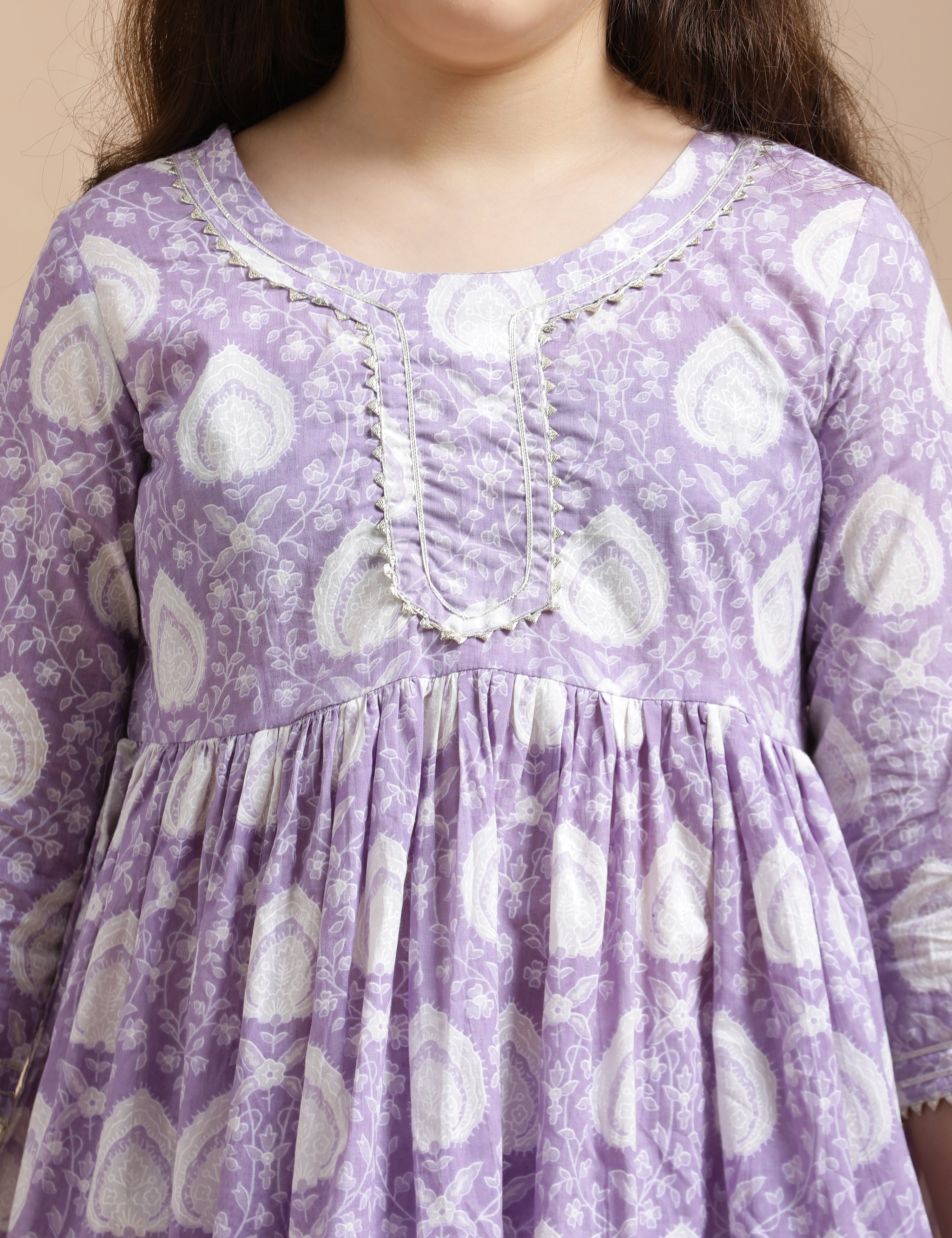 Girls Pure Cotton Floral Embroidered Anarkali Kurta With Sharara