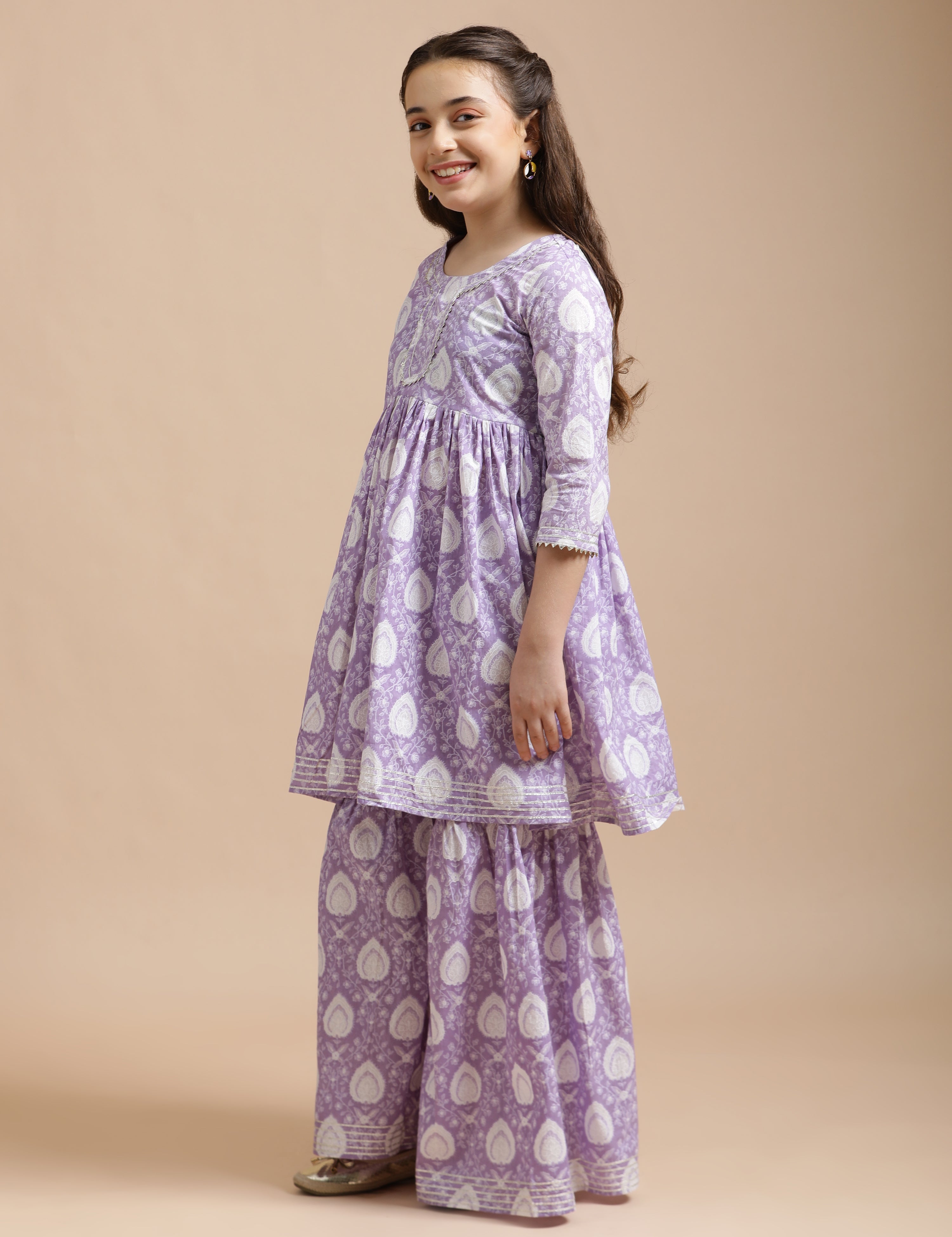 Girls Pure Cotton Floral Embroidered Anarkali Kurta With Sharara