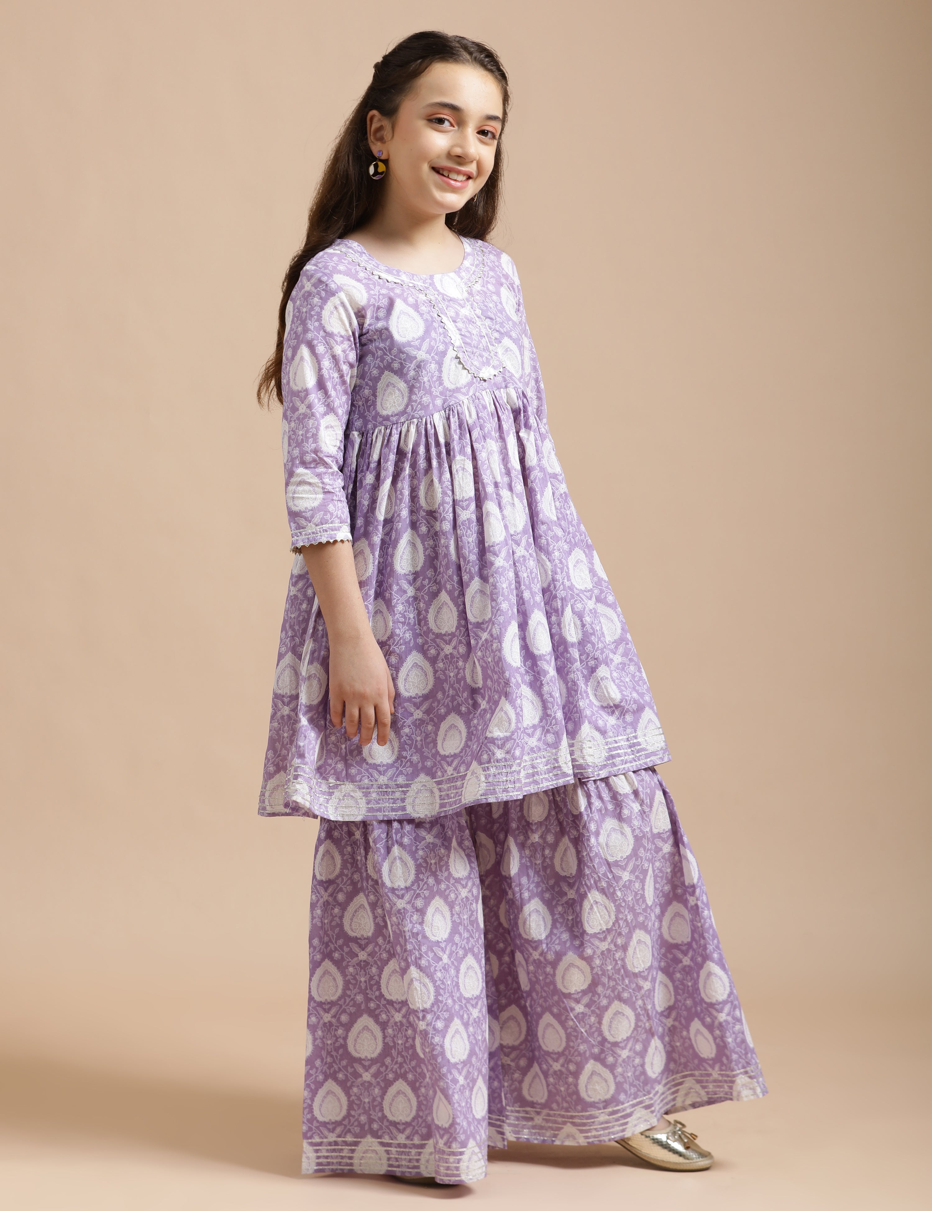 Girls Pure Cotton Floral Embroidered Anarkali Kurta With Sharara
