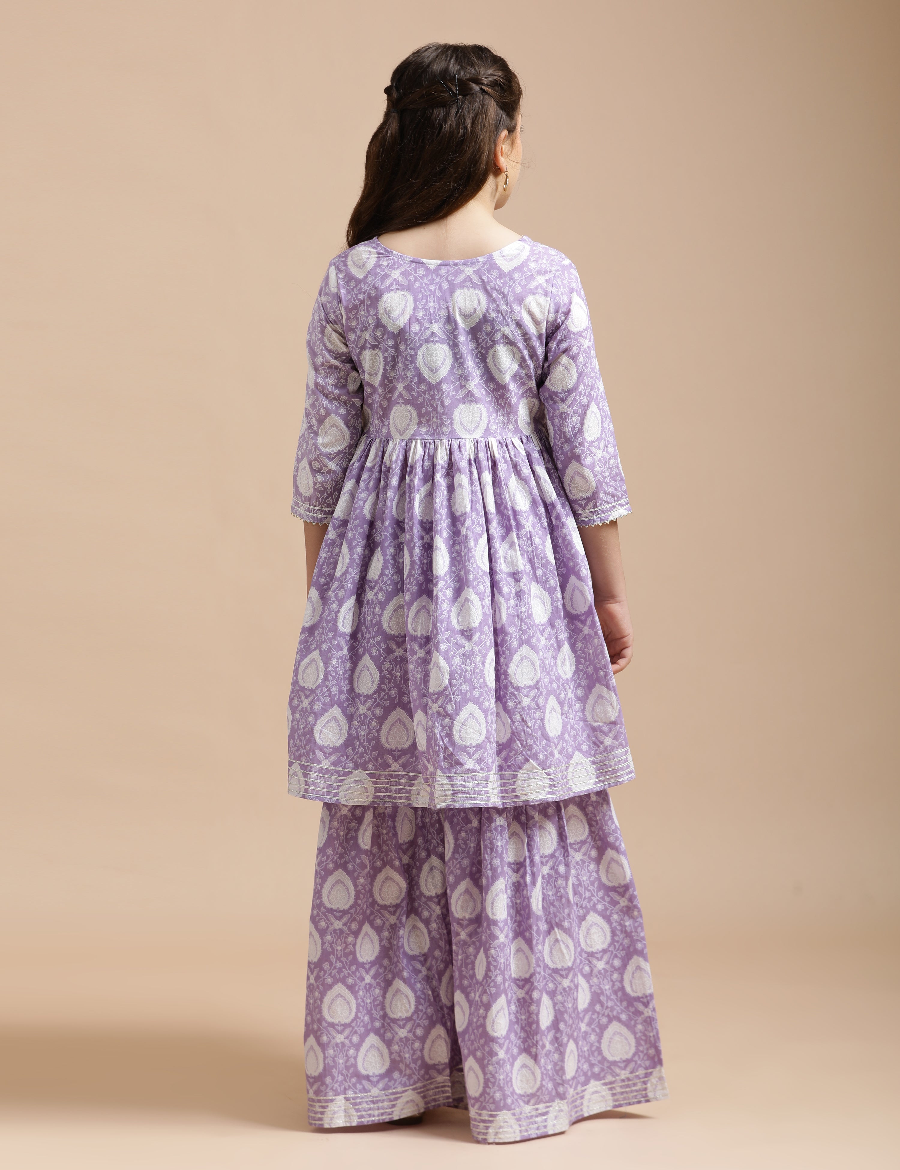 Girls Pure Cotton Floral Embroidered Anarkali Kurta With Sharara