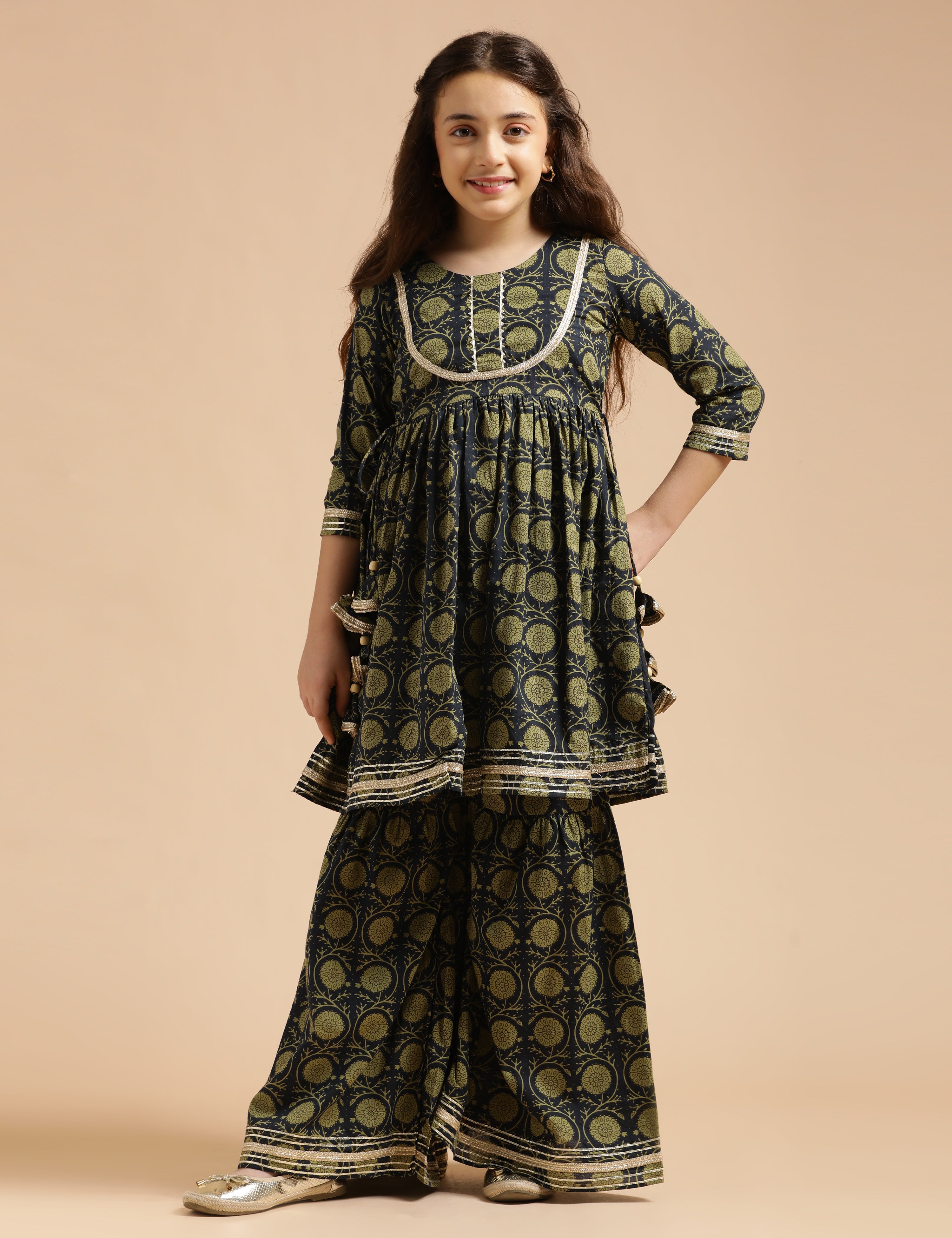 Girls Pure Cotton Floral Embroidered Anarkali Kurta With Sharara