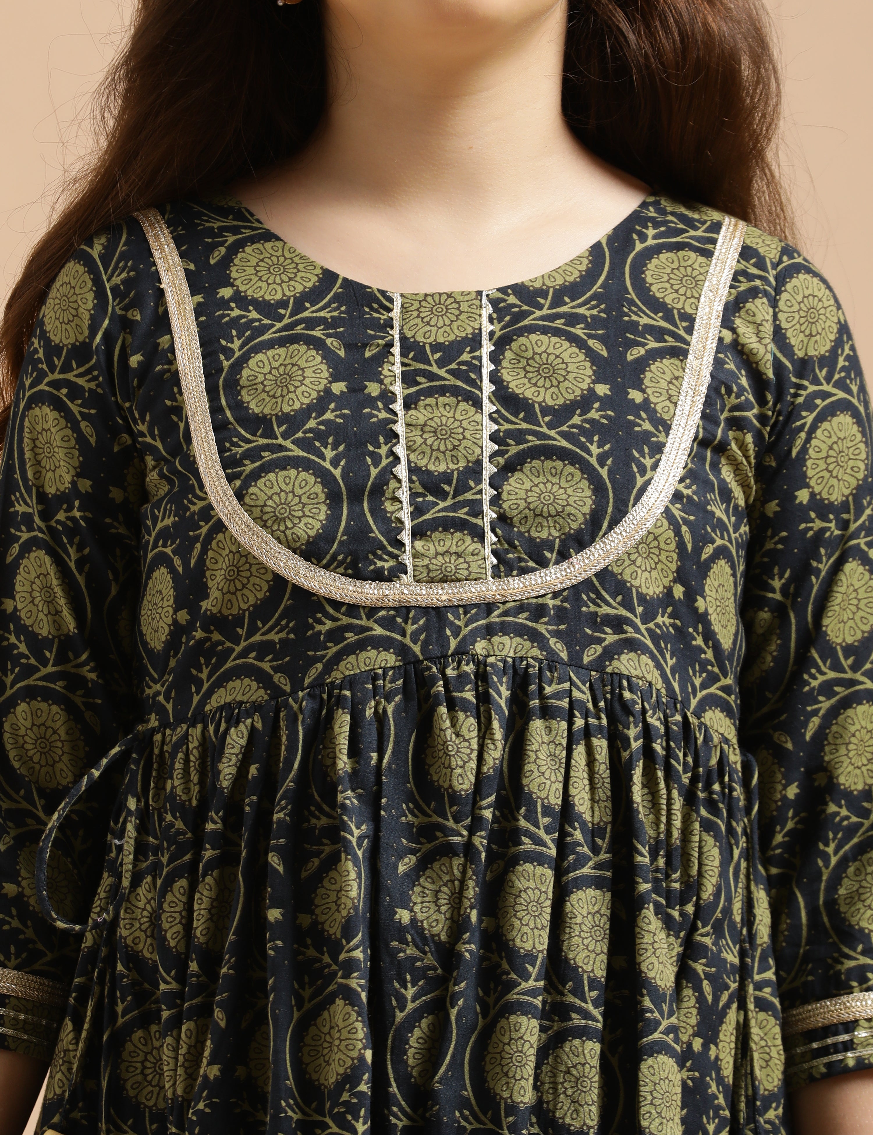 Girls Pure Cotton Floral Embroidered Anarkali Kurta With Sharara