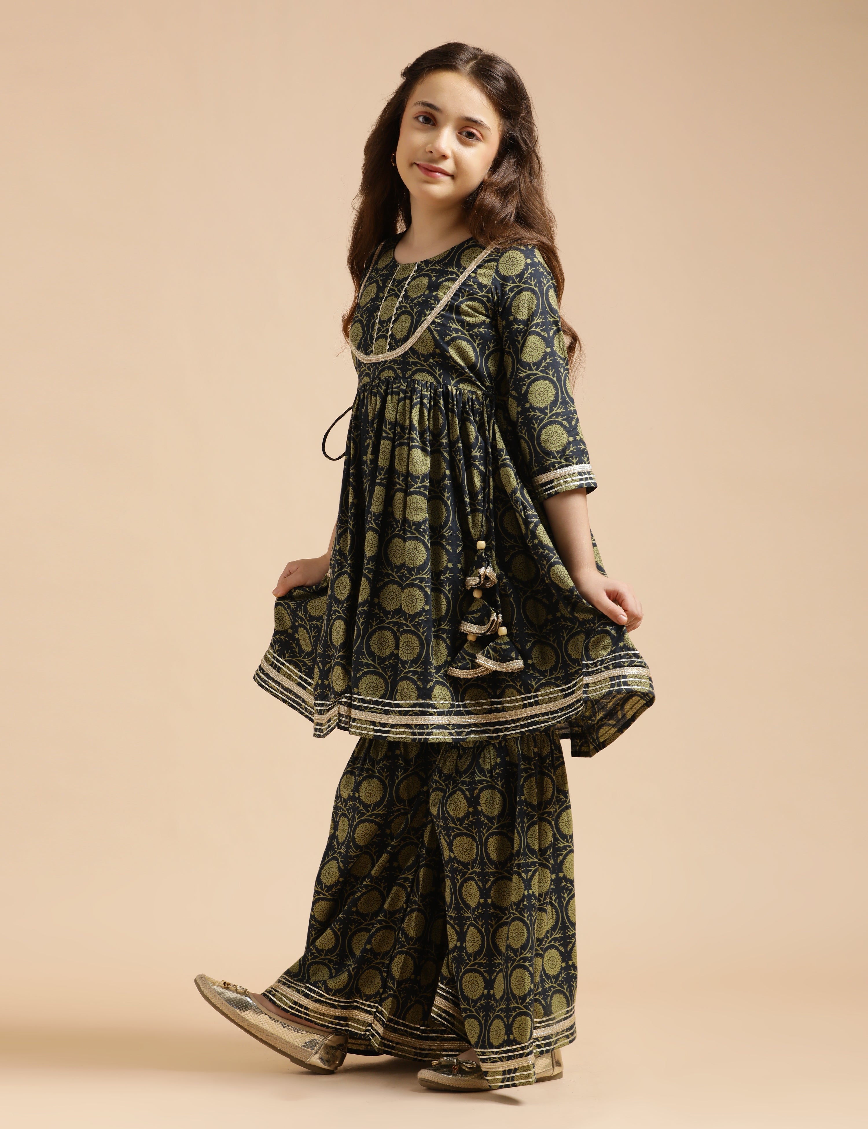 Girls Pure Cotton Floral Embroidered Anarkali Kurta With Sharara