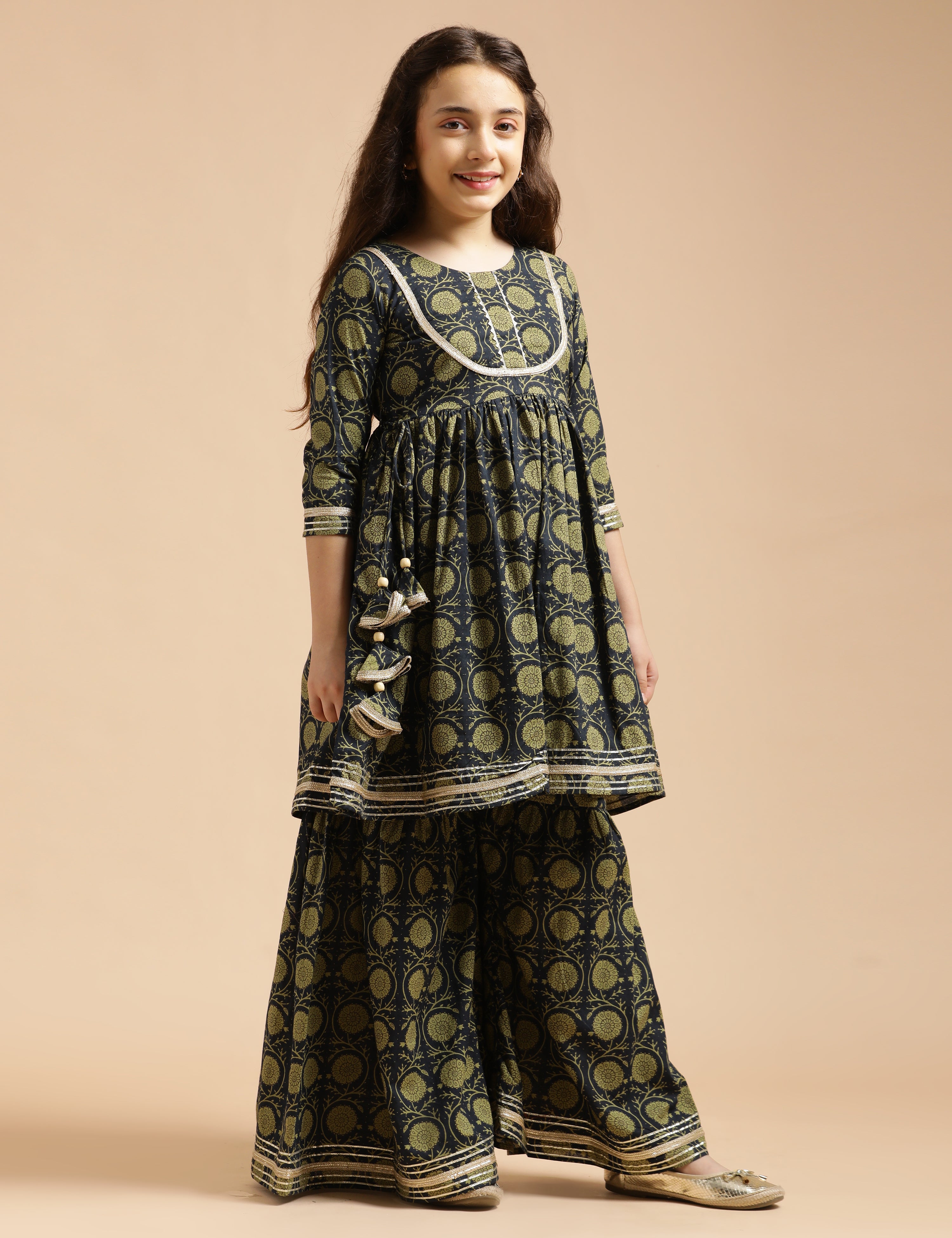 Girls Pure Cotton Floral Embroidered Anarkali Kurta With Sharara