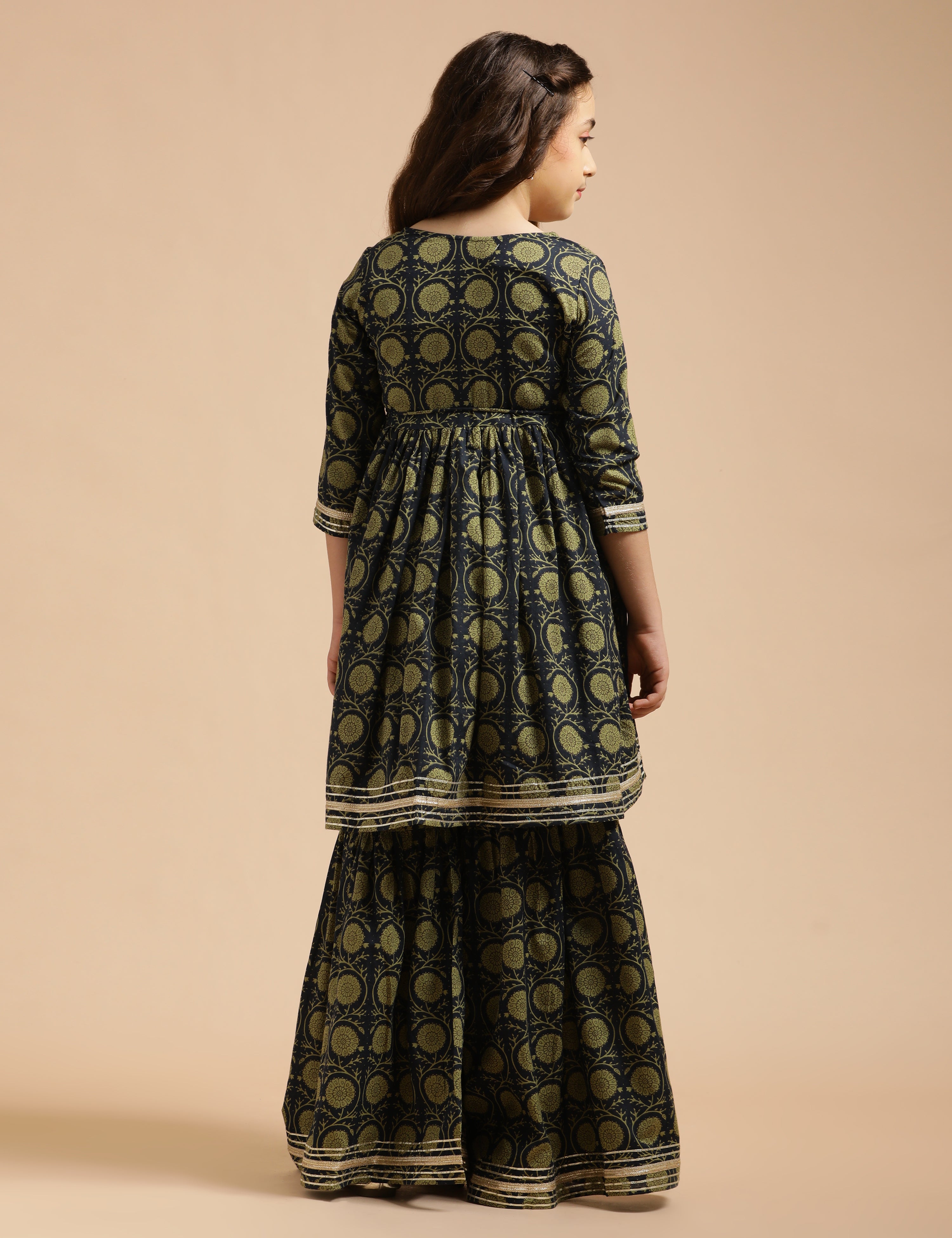 Girls Pure Cotton Floral Embroidered Anarkali Kurta With Sharara