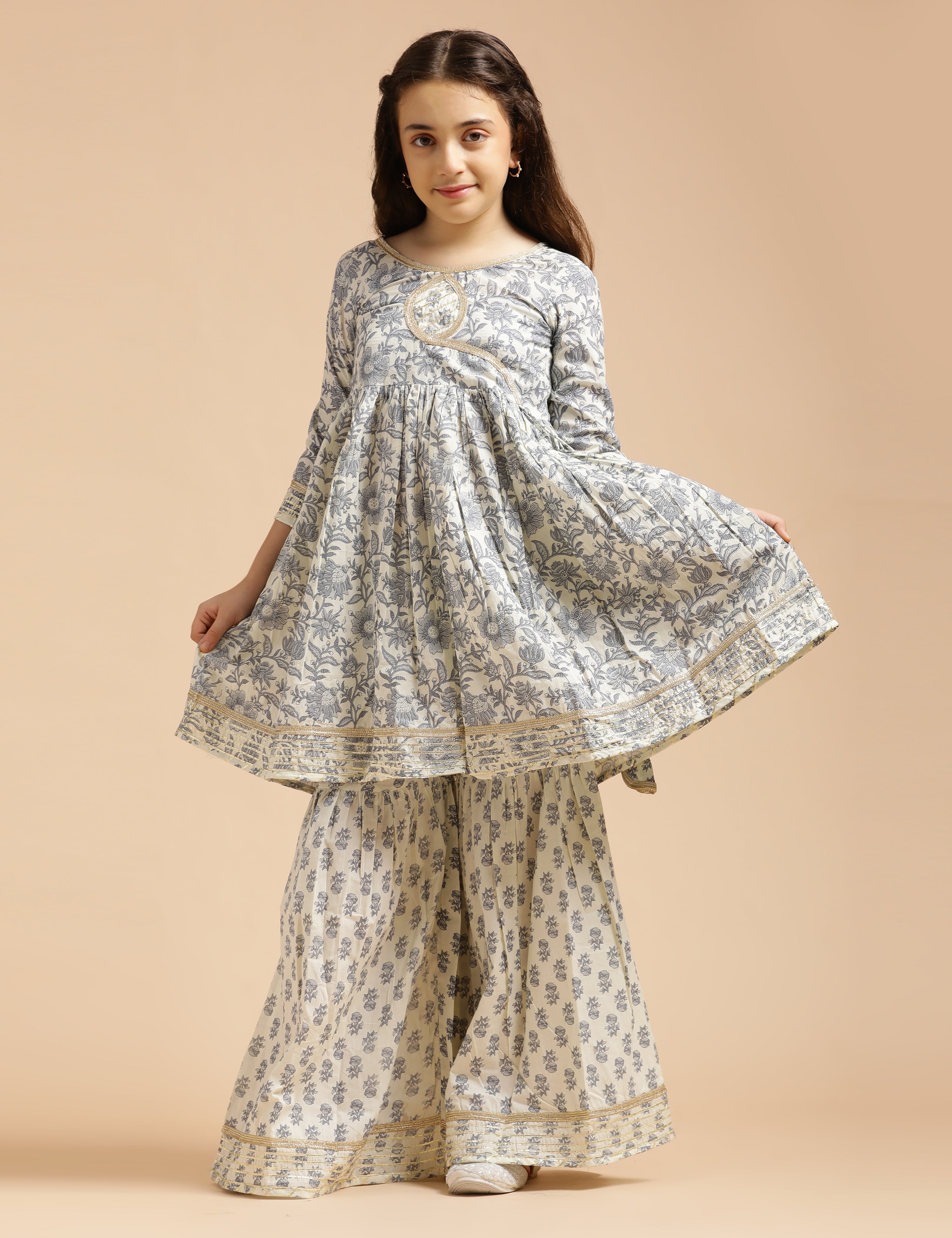 Girls Pure Cotton Floral Embroidered Anarkali Kurta With Sharara
