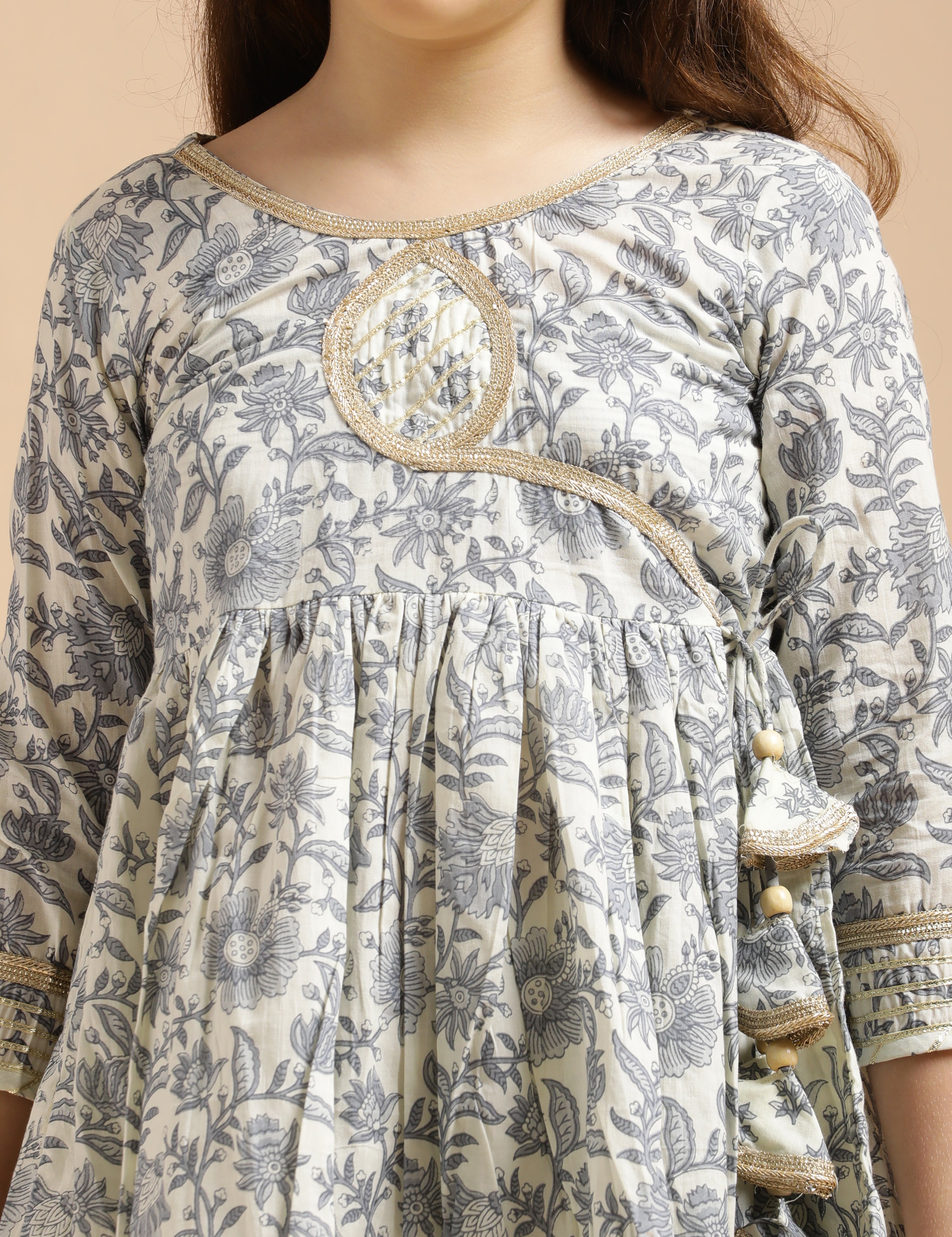 Girls Pure Cotton Floral Embroidered Anarkali Kurta With Sharara