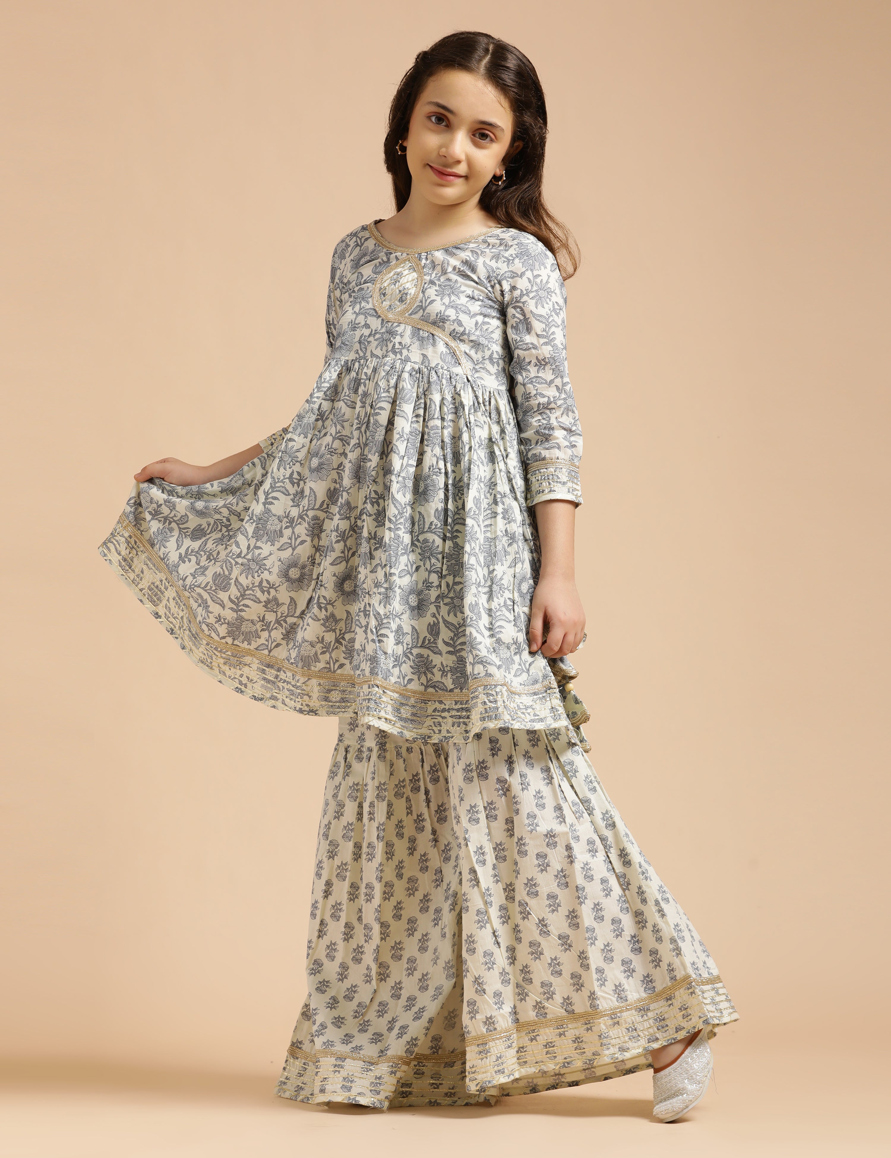 Girls Pure Cotton Floral Embroidered Anarkali Kurta With Sharara