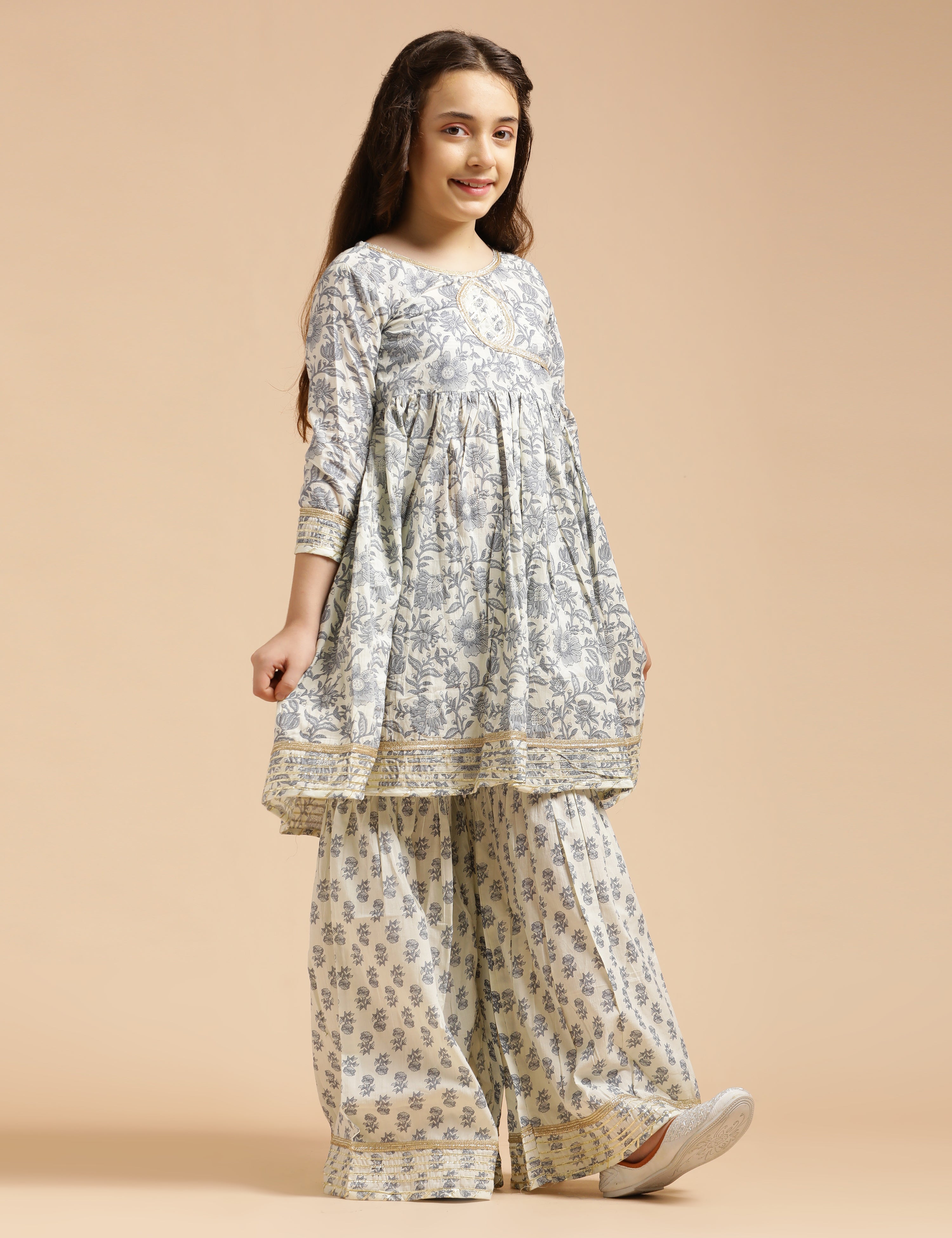 Girls Pure Cotton Floral Embroidered Anarkali Kurta With Sharara