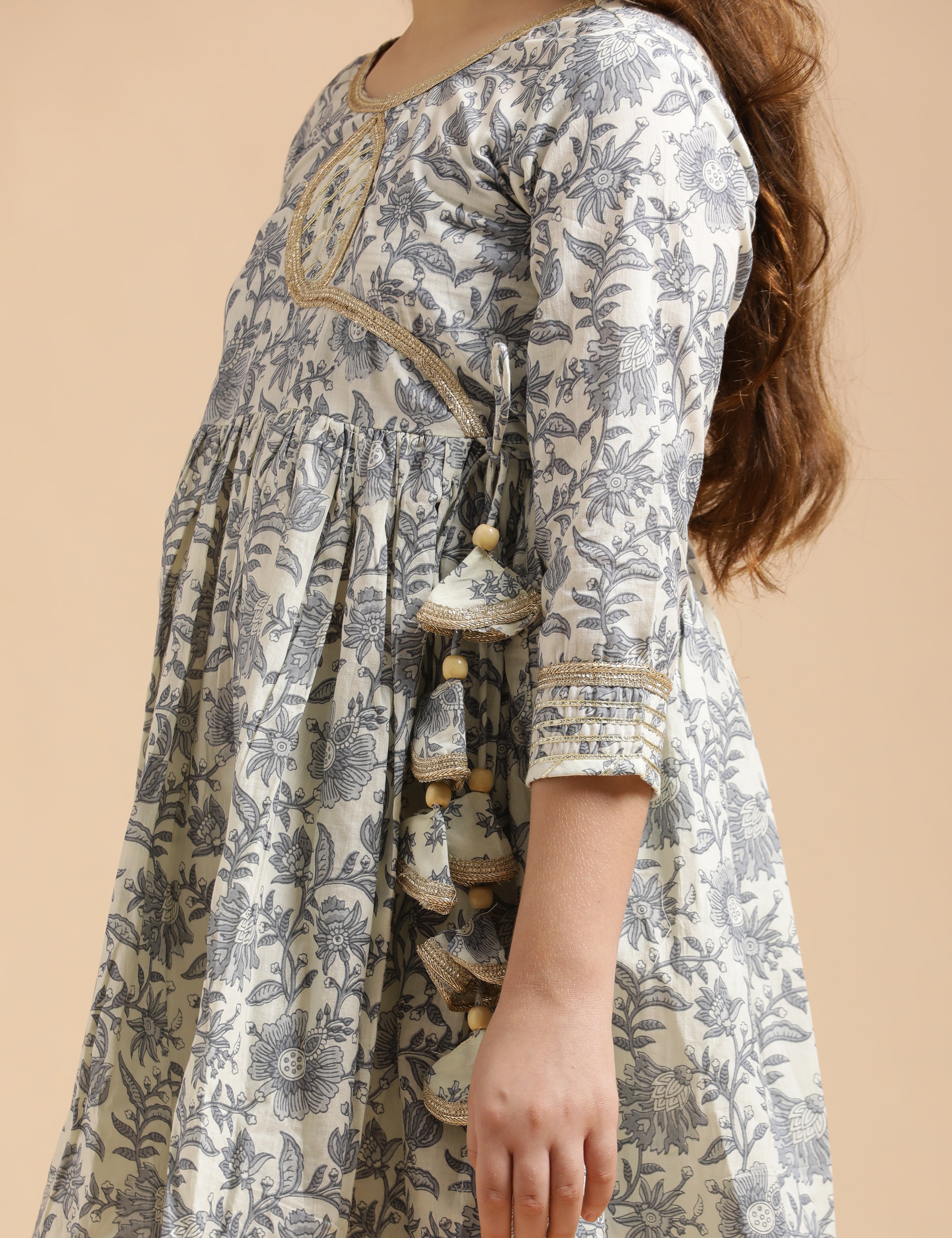 Girls Pure Cotton Floral Embroidered Anarkali Kurta With Sharara