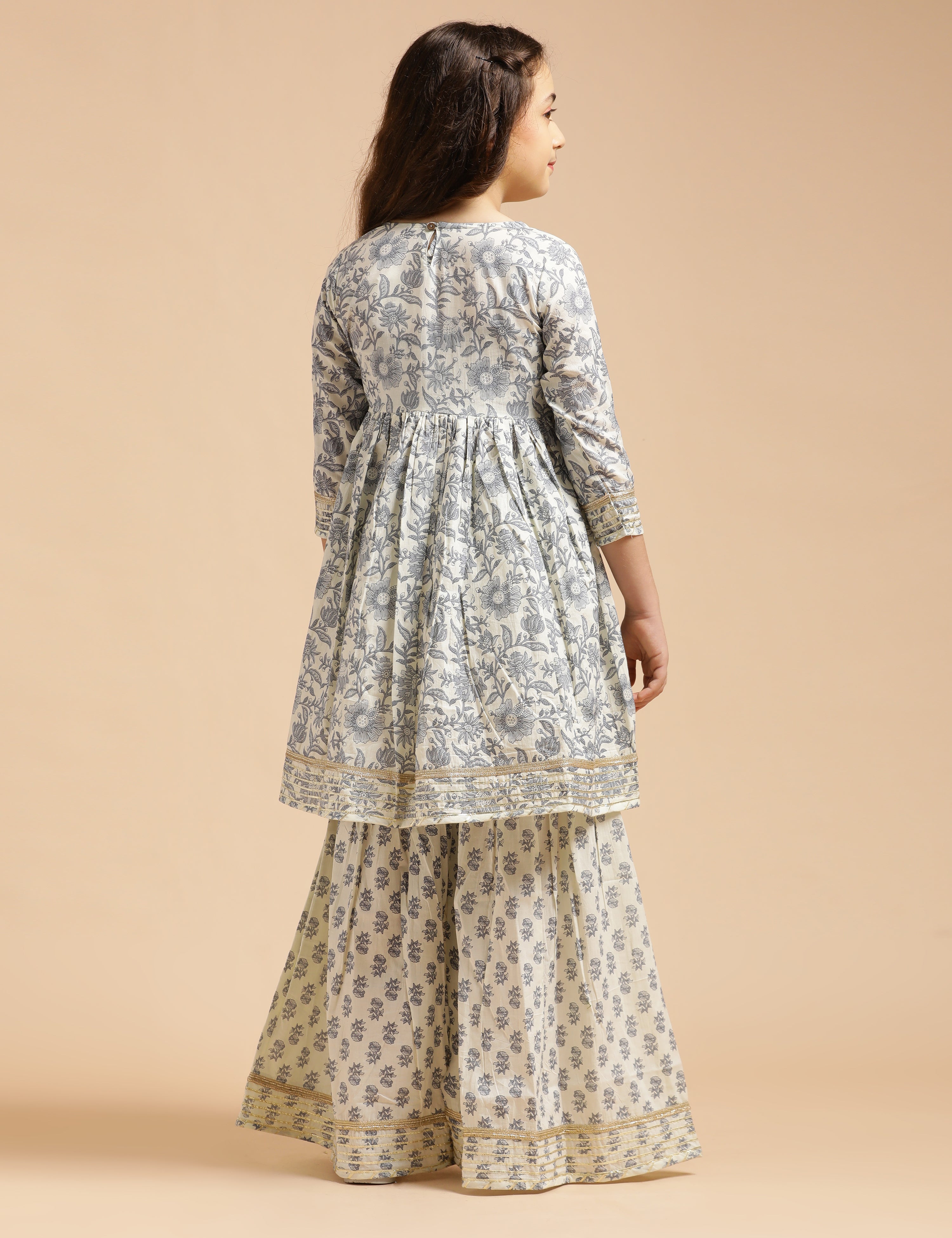 Girls Pure Cotton Floral Embroidered Anarkali Kurta With Sharara