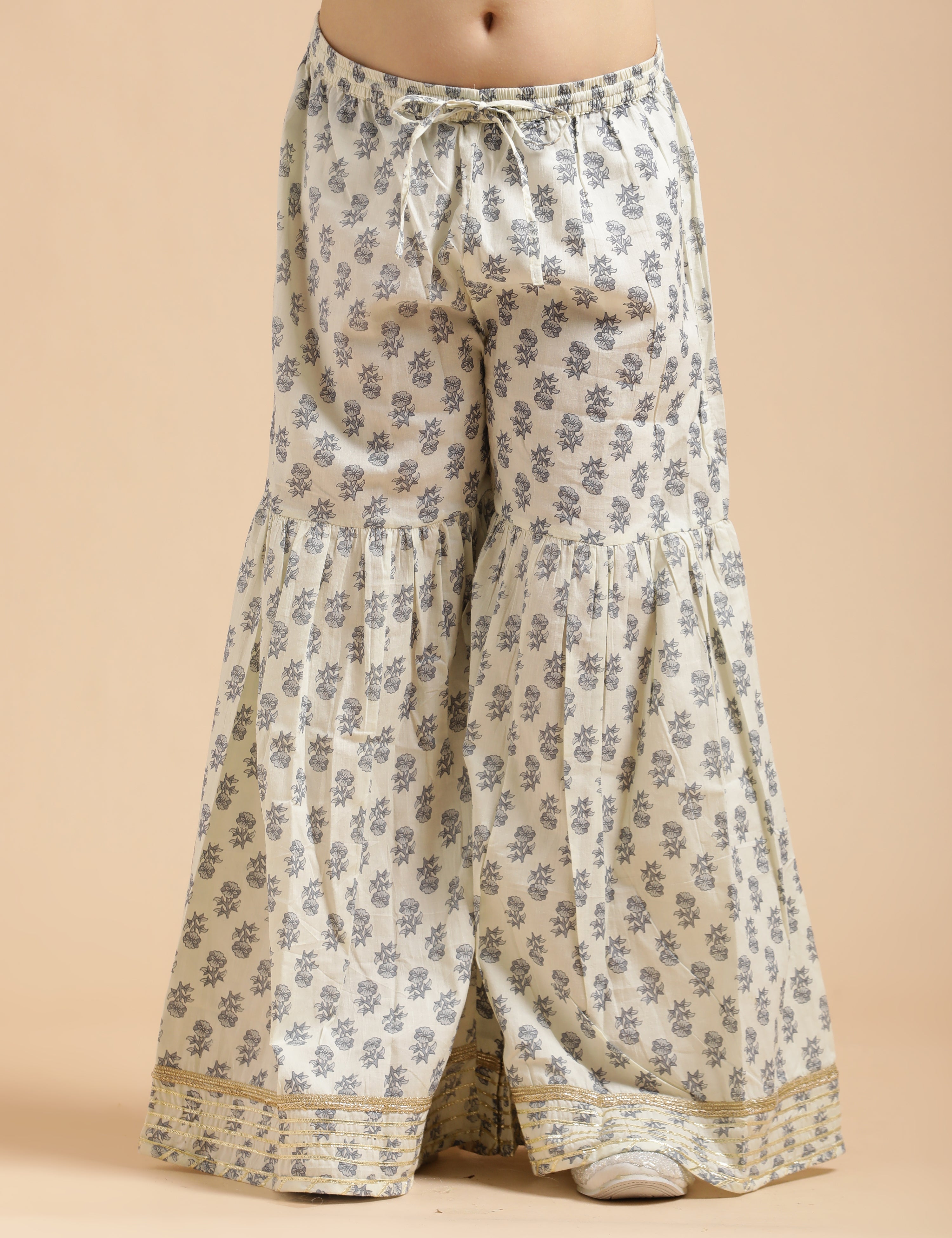 Girls Pure Cotton Floral Embroidered Anarkali Kurta With Sharara