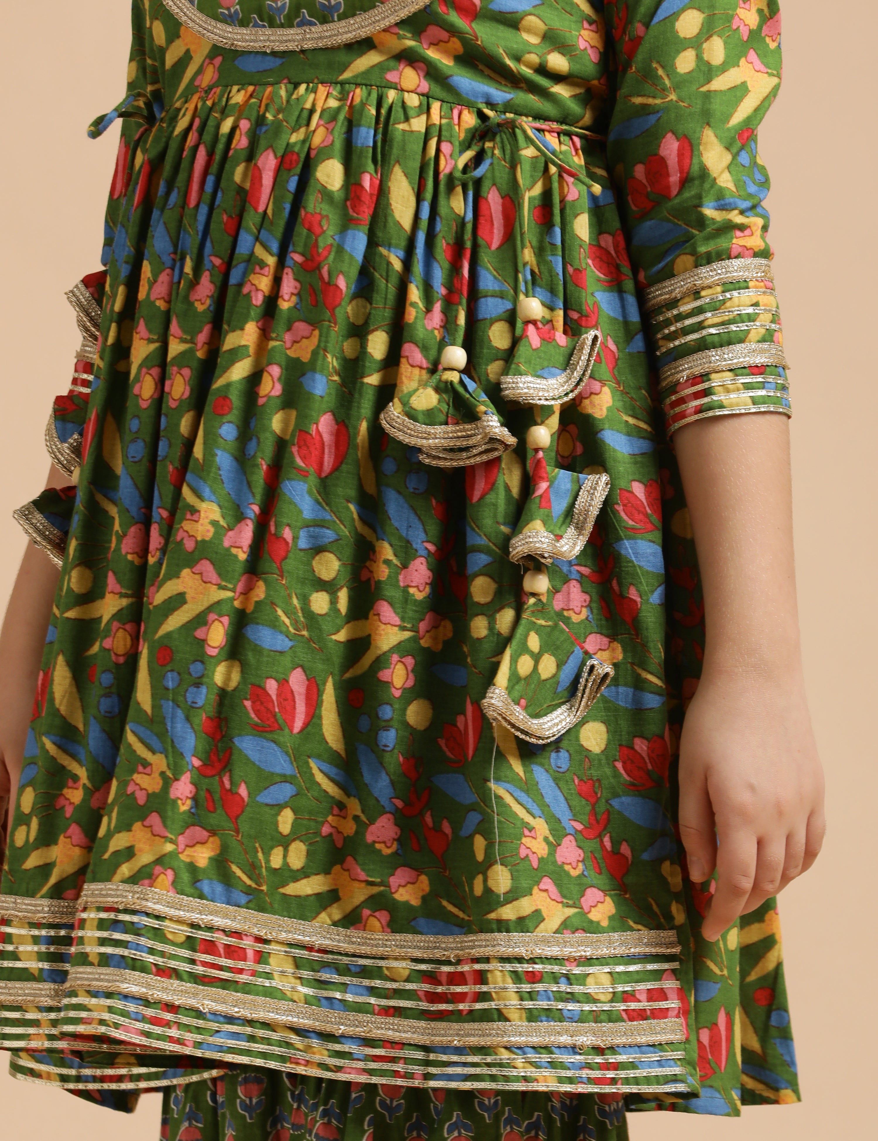 Girls Pure Cotton Floral Embroidered Anarkali Kurta With Sharara