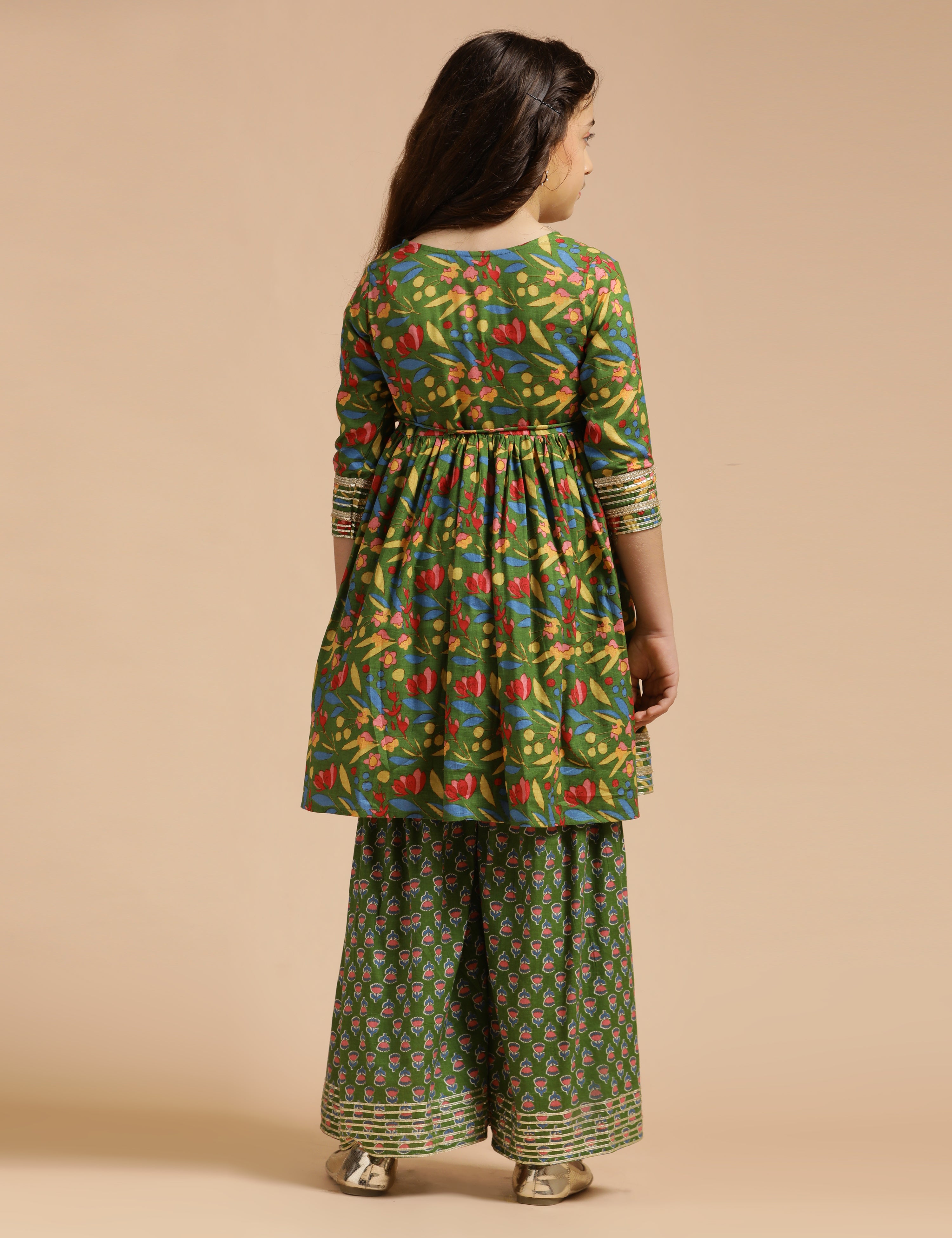 Girls Pure Cotton Floral Embroidered Anarkali Kurta With Sharara