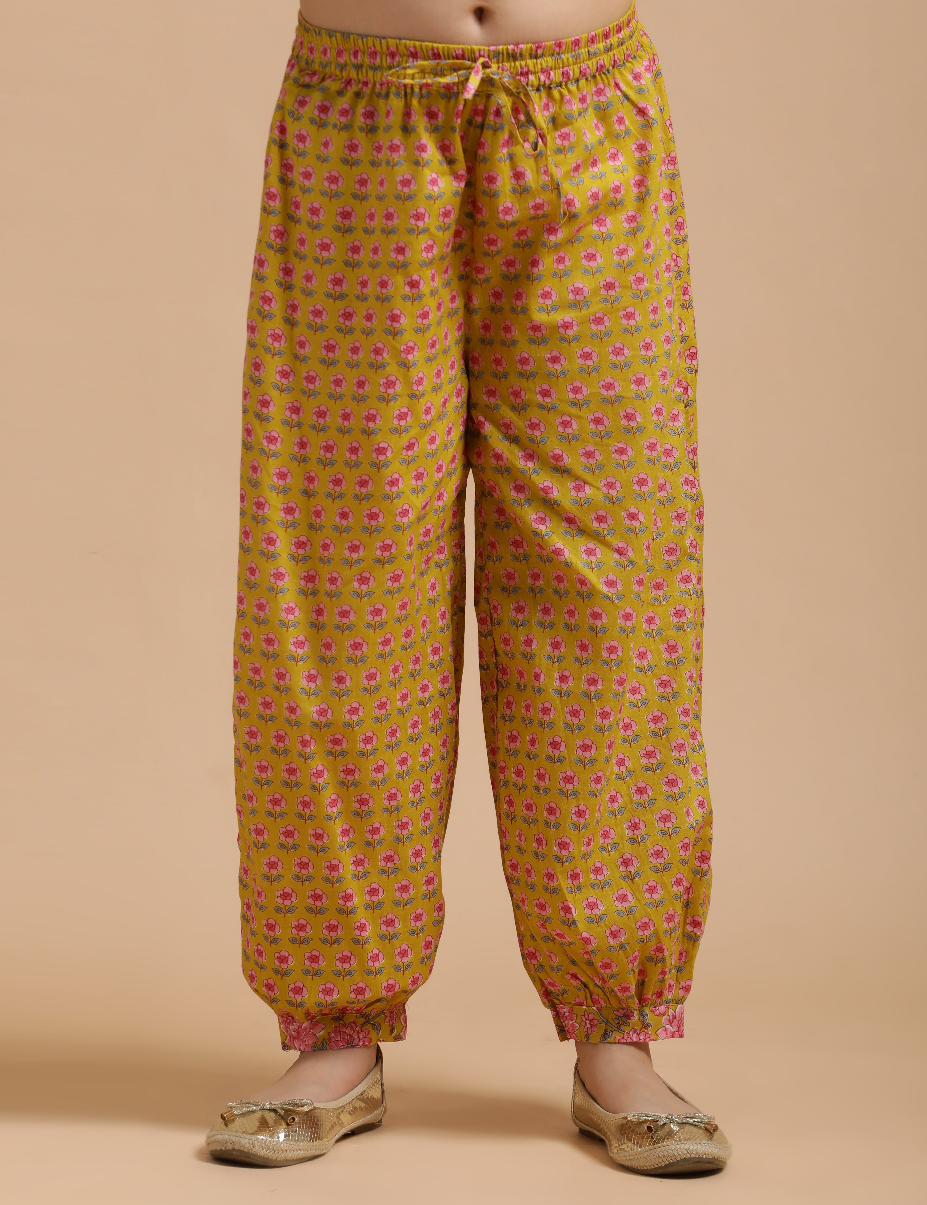 Girls Pure Cotton Floral Embroidered A-Line Kurta With Salwar