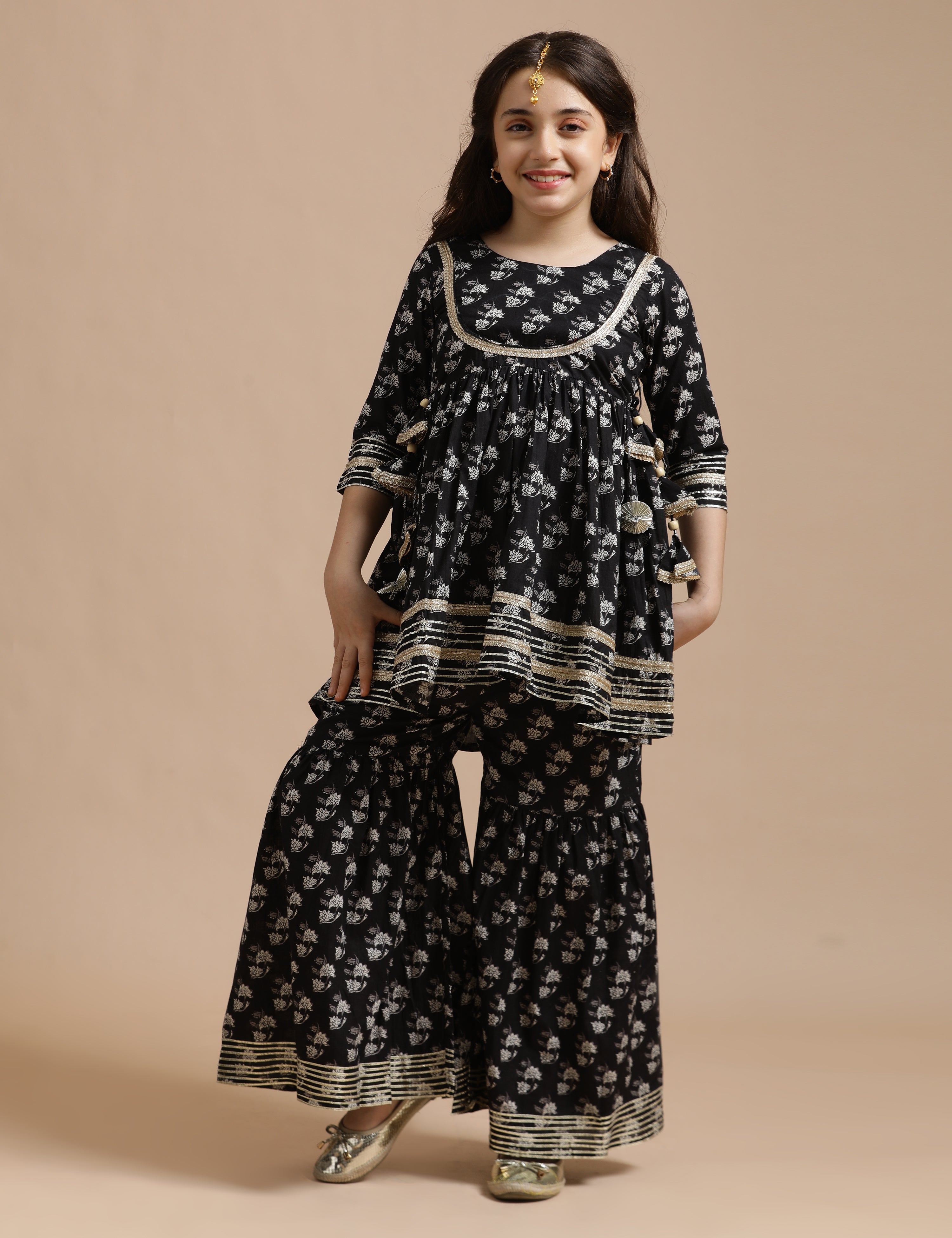 Girls Pure Cotton Floral Embroidered Anarkali Kurta With Sharara