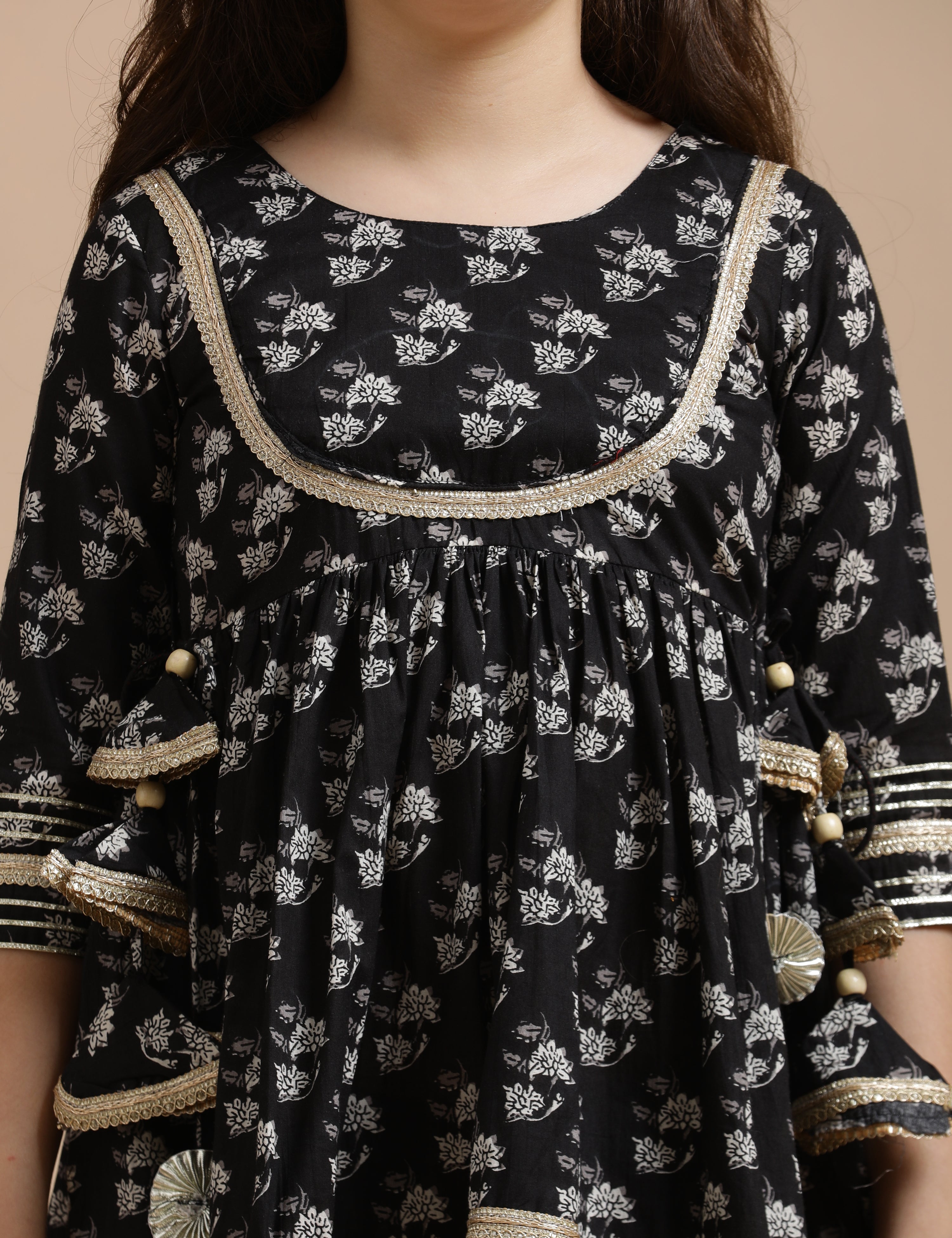 Girls Pure Cotton Floral Embroidered Anarkali Kurta With Sharara