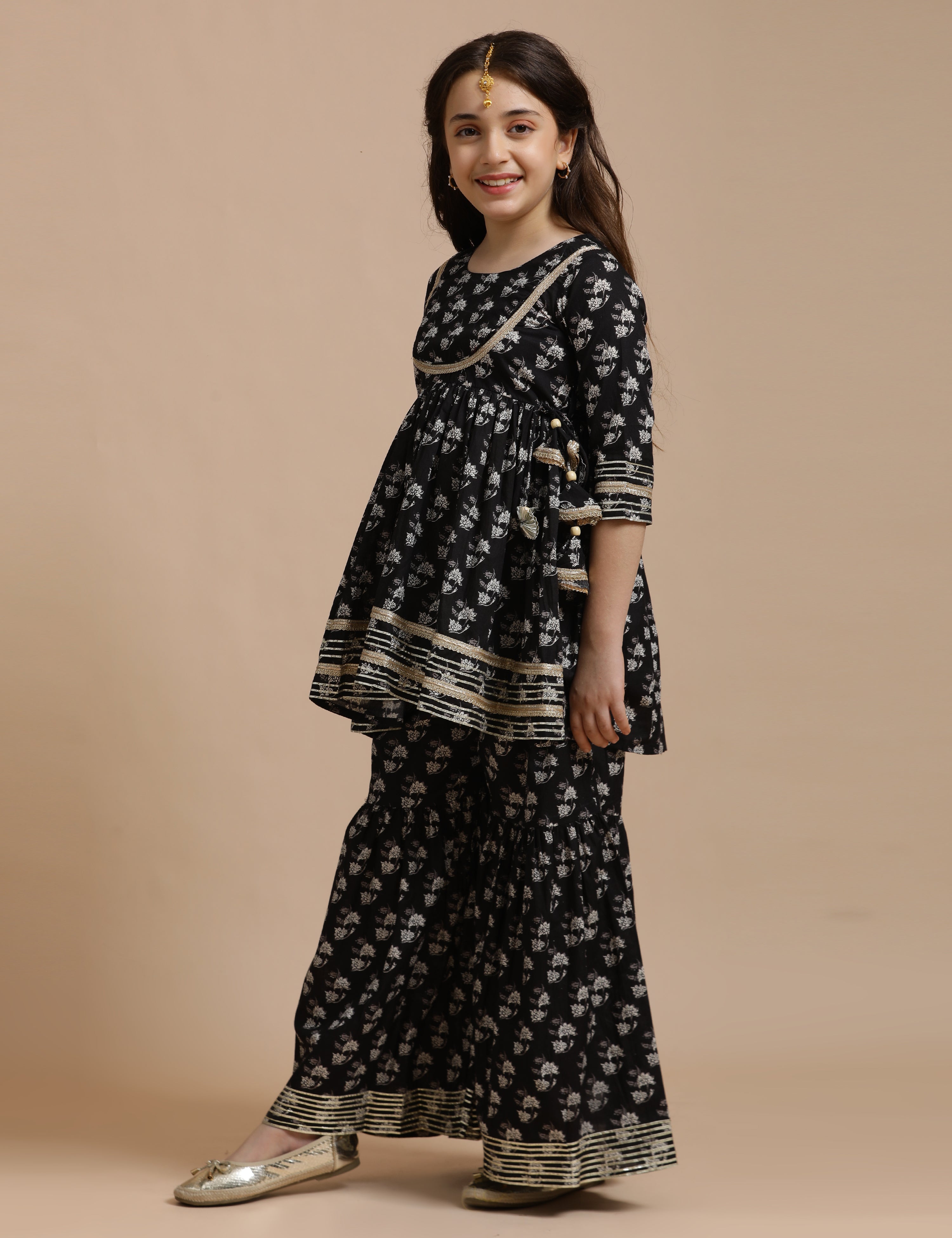 Girls Pure Cotton Floral Embroidered Anarkali Kurta With Sharara