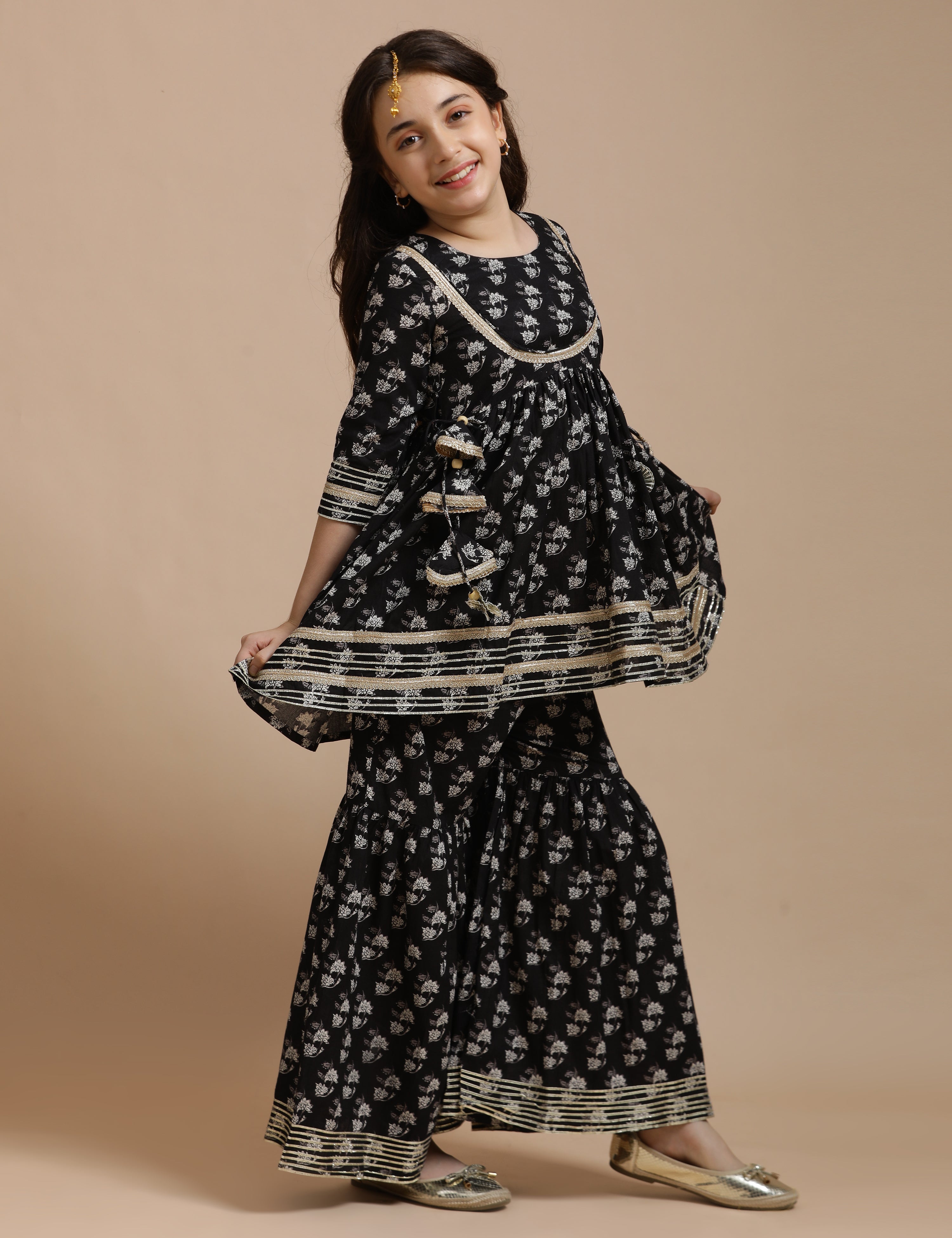 Girls Pure Cotton Floral Embroidered Anarkali Kurta With Sharara