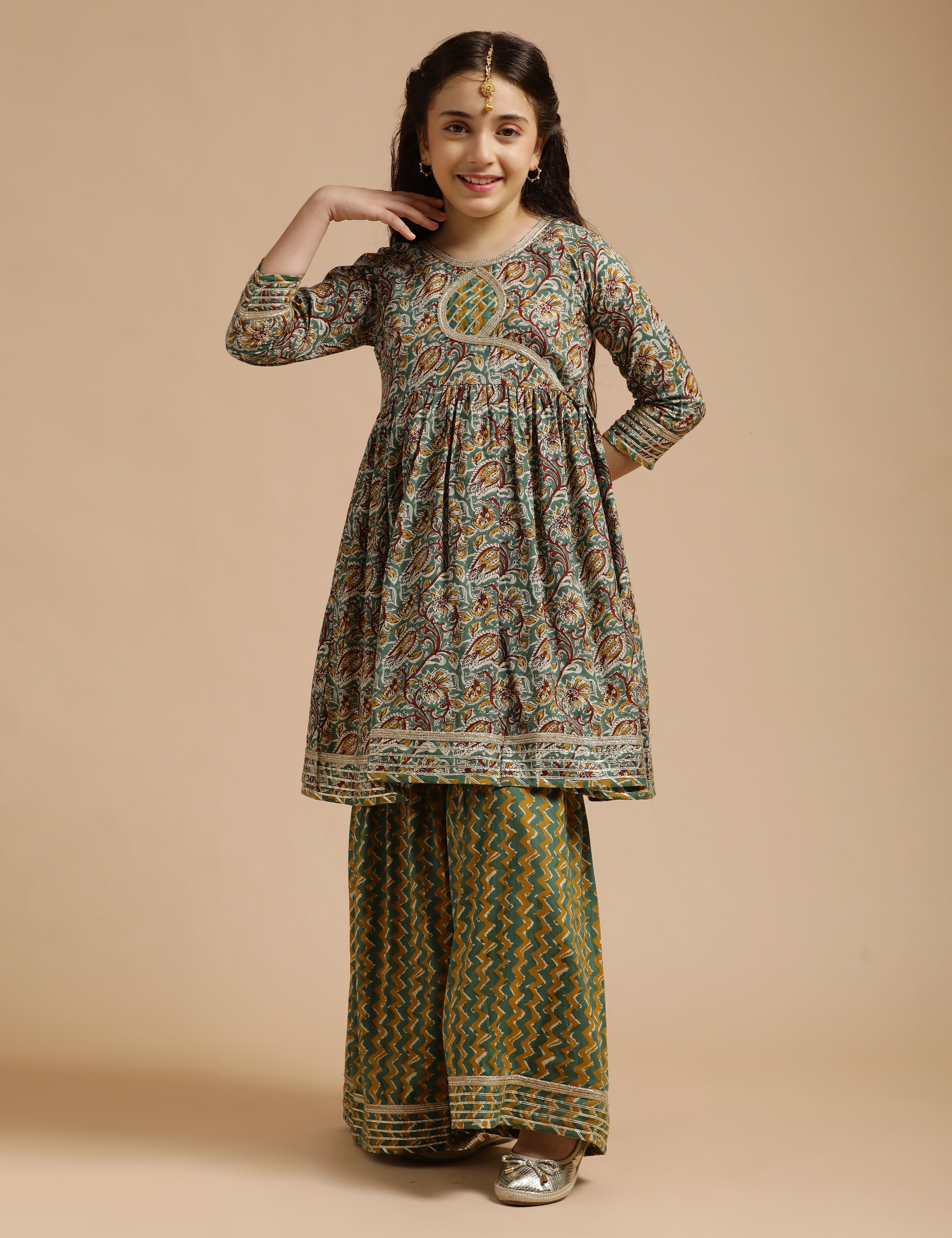 Girls Pure Cotton Floral Embroidered Anarkali Kurta With Sharara