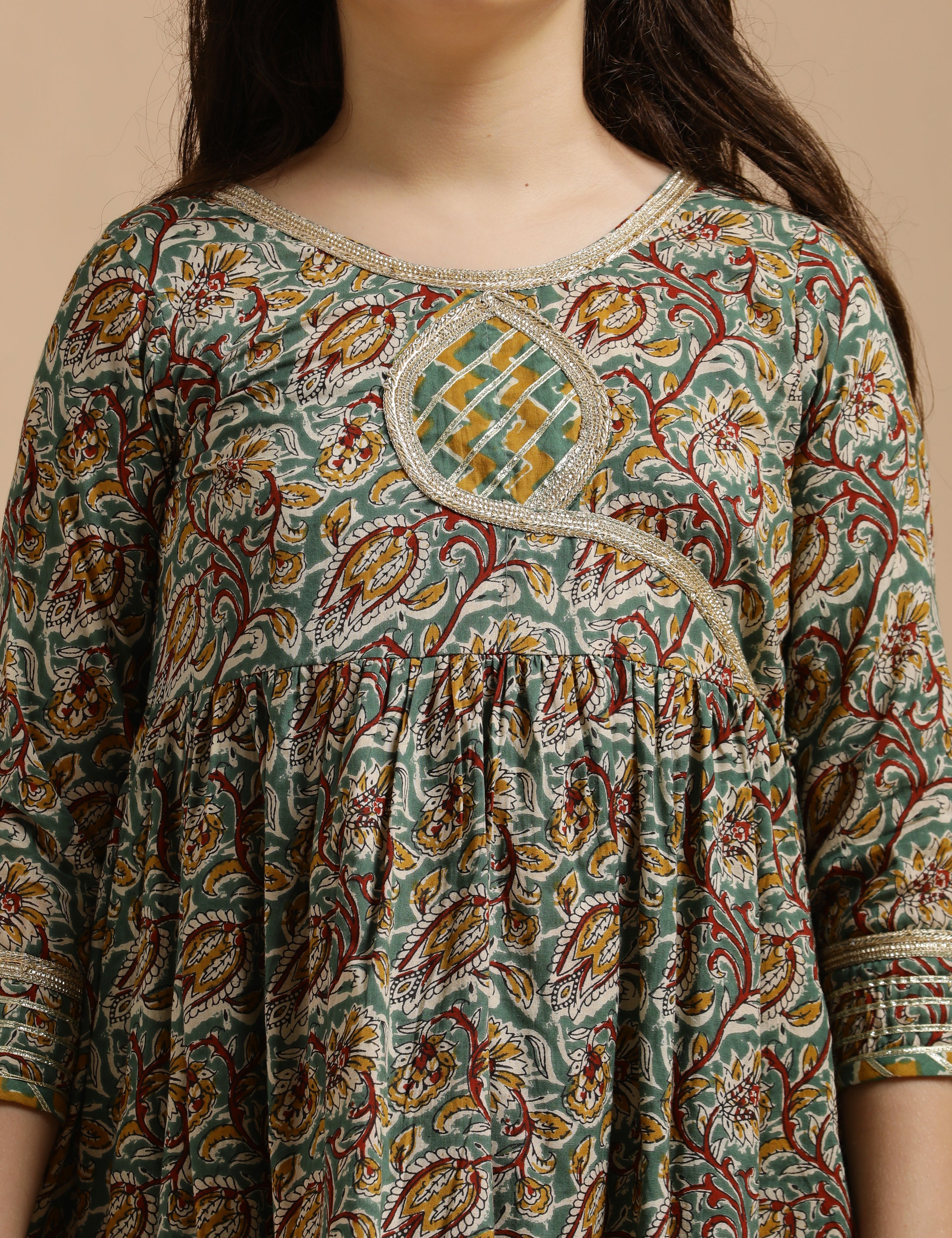 Girls Pure Cotton Floral Embroidered Anarkali Kurta With Sharara