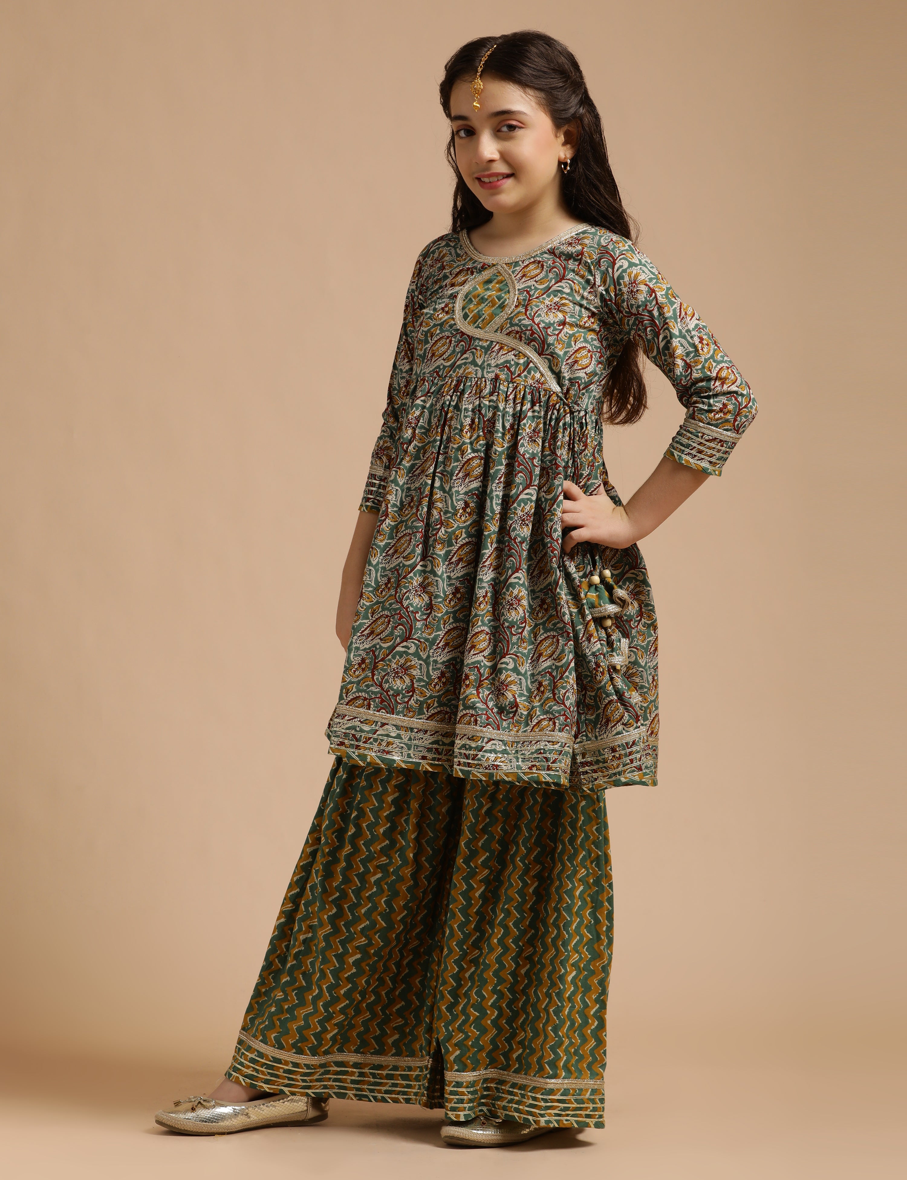 Girls Pure Cotton Floral Embroidered Anarkali Kurta With Sharara