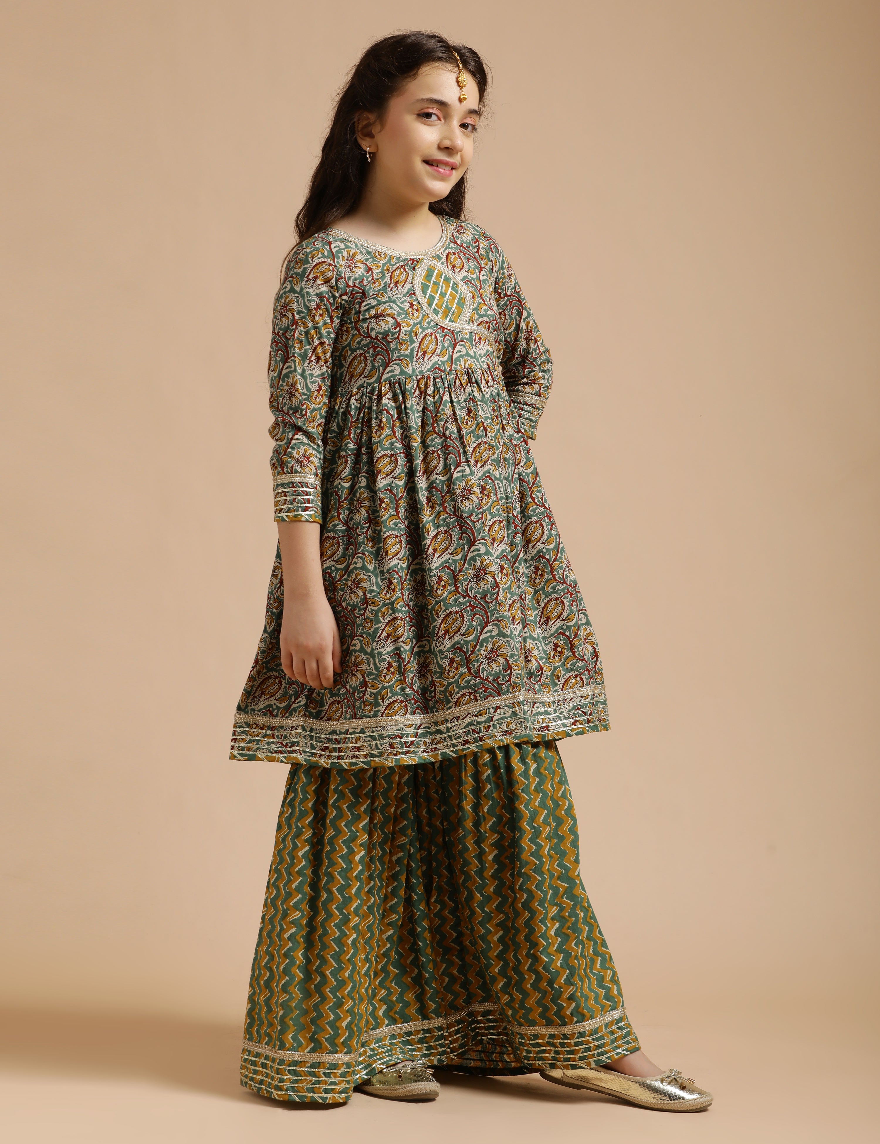 Girls Pure Cotton Floral Embroidered Anarkali Kurta With Sharara