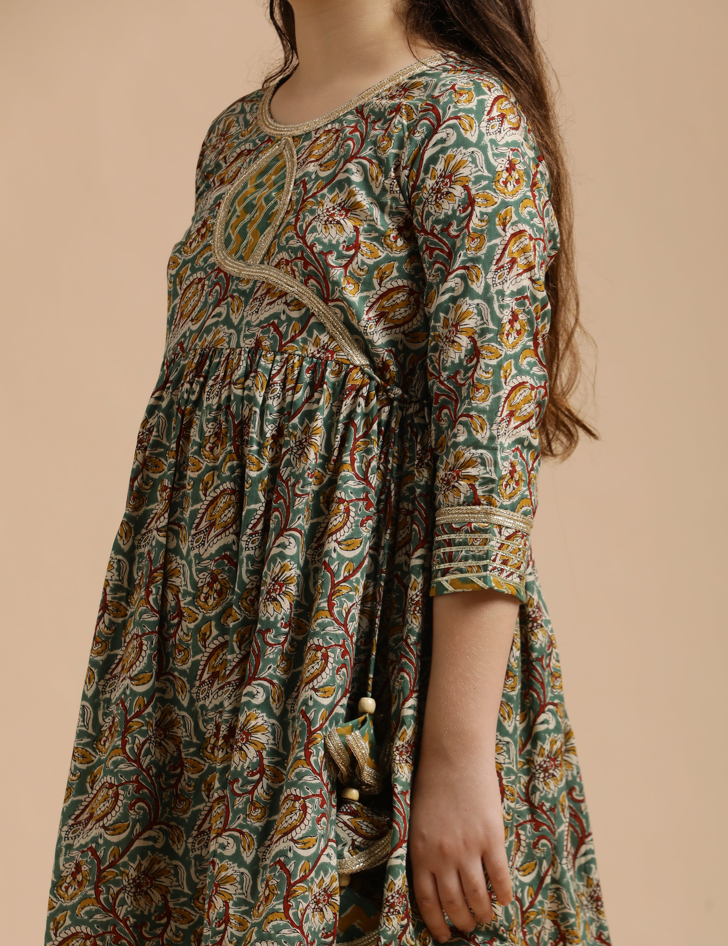 Girls Pure Cotton Floral Embroidered Anarkali Kurta With Sharara