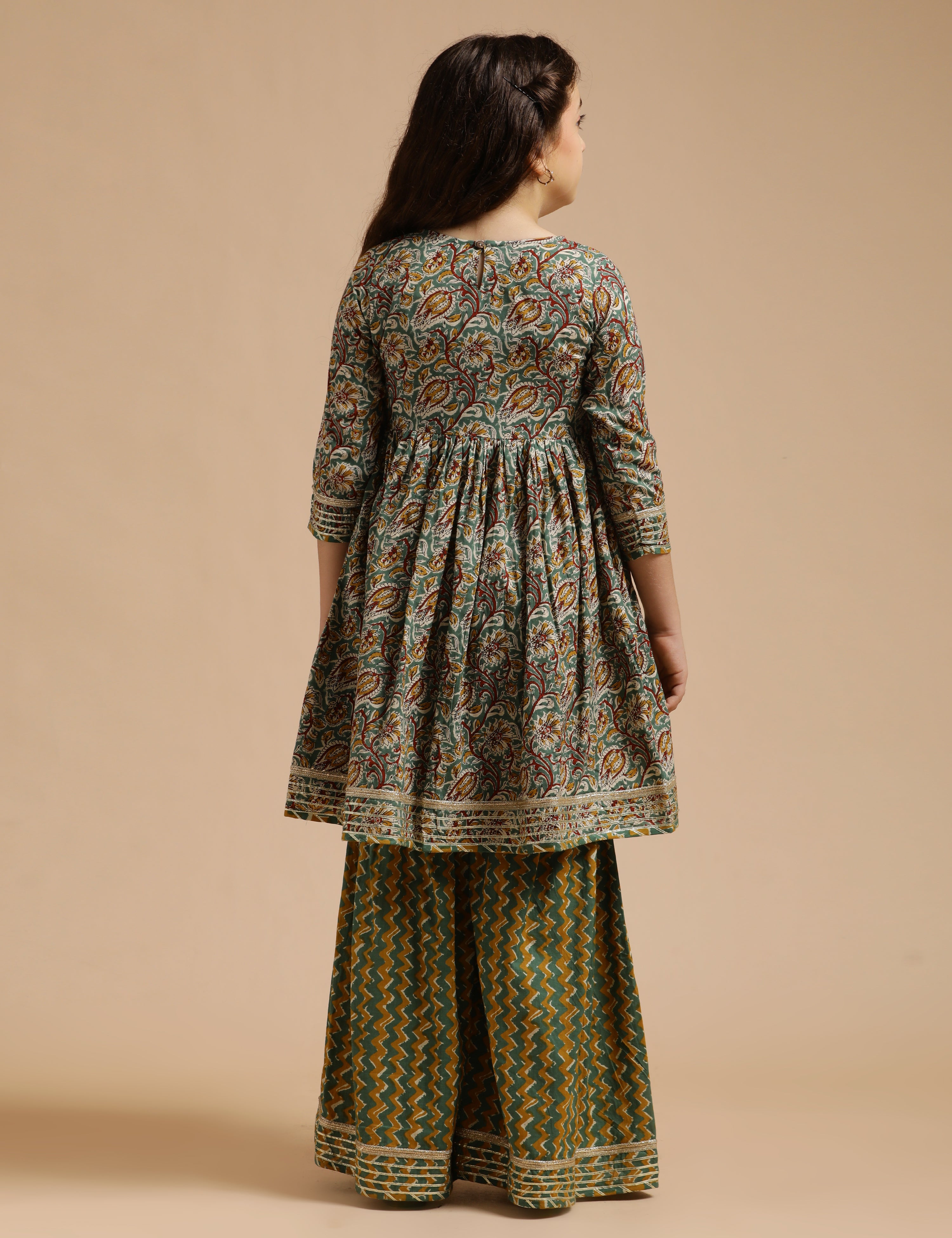 Girls Pure Cotton Floral Embroidered Anarkali Kurta With Sharara