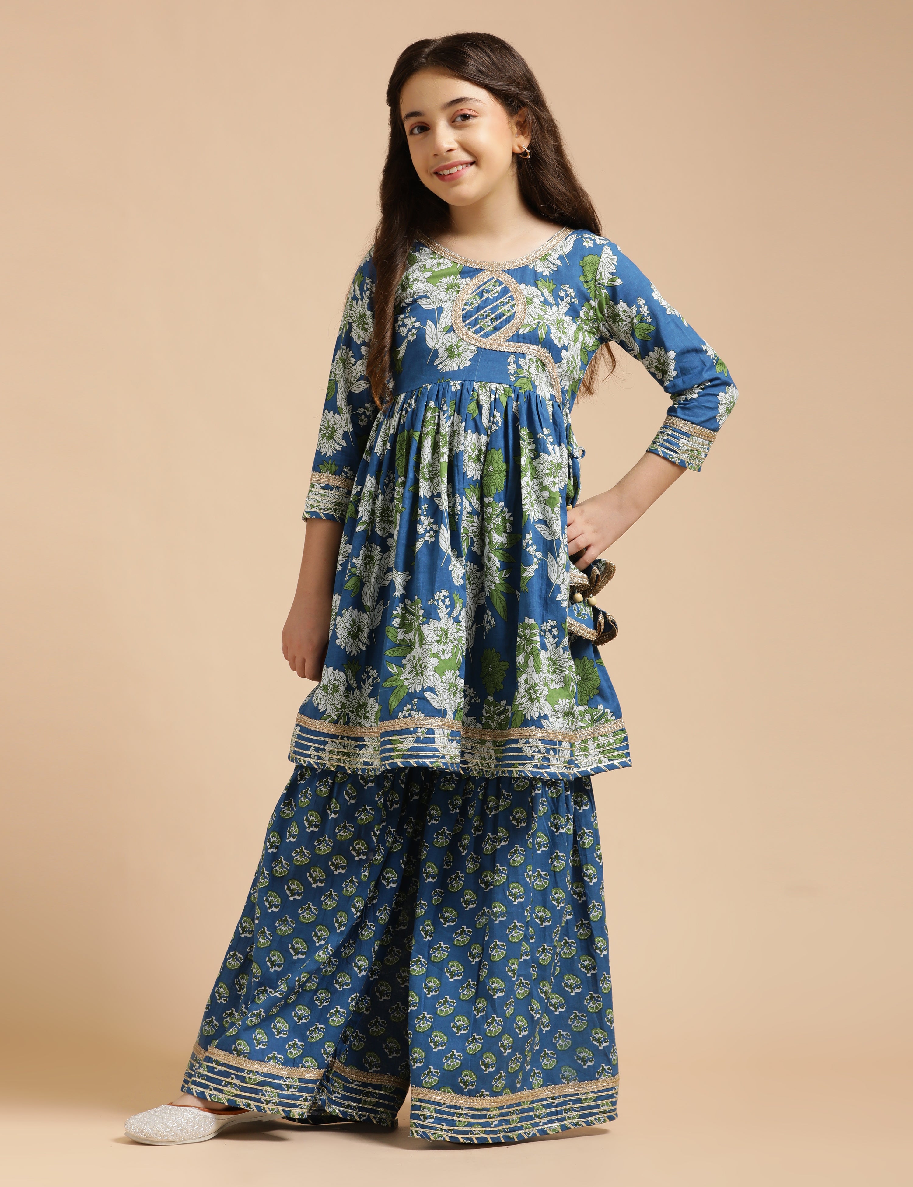 Girls Pure Cotton Floral Embroidered Anarkali Kurta With Sharara