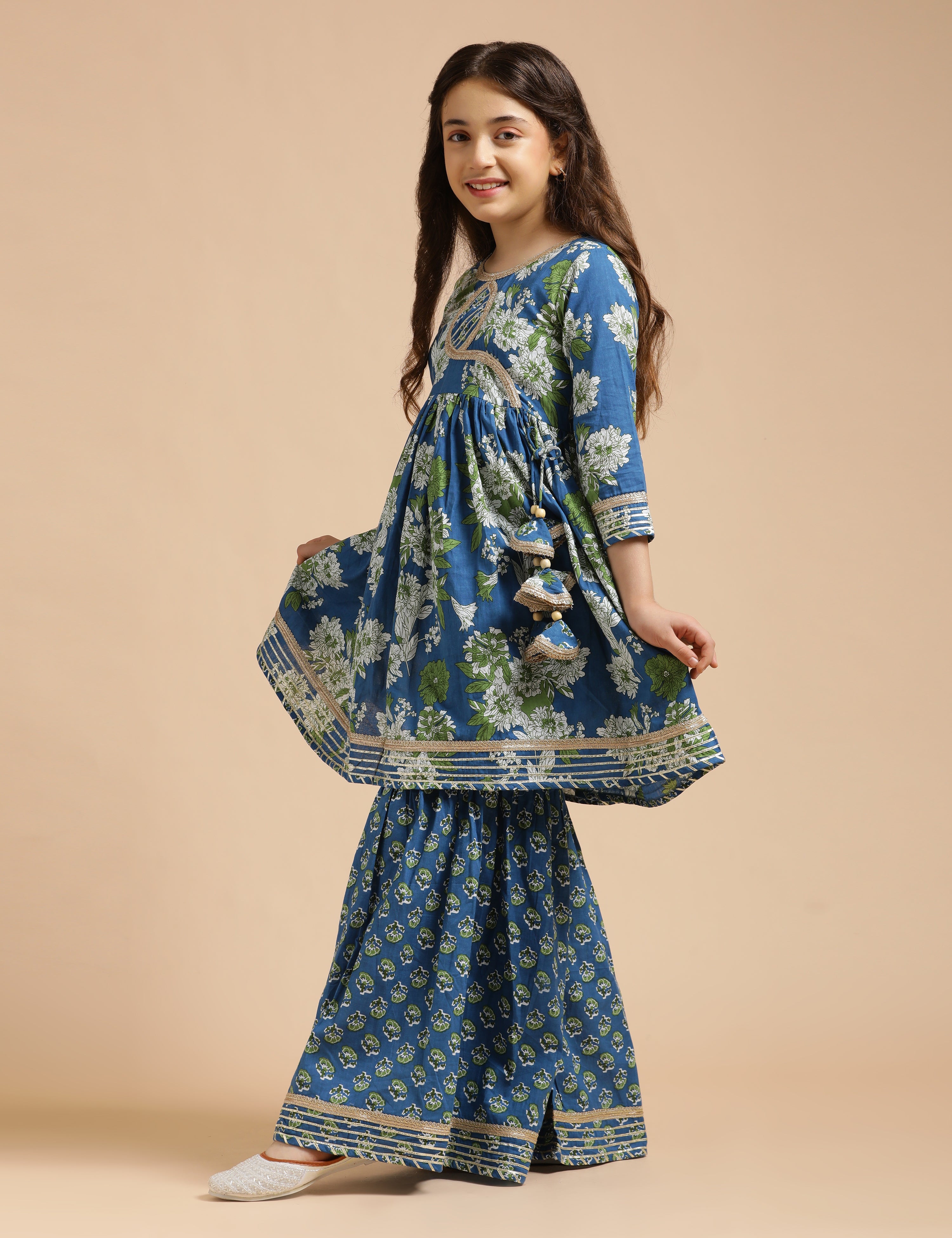 Girls Pure Cotton Floral Embroidered Anarkali Kurta With Sharara