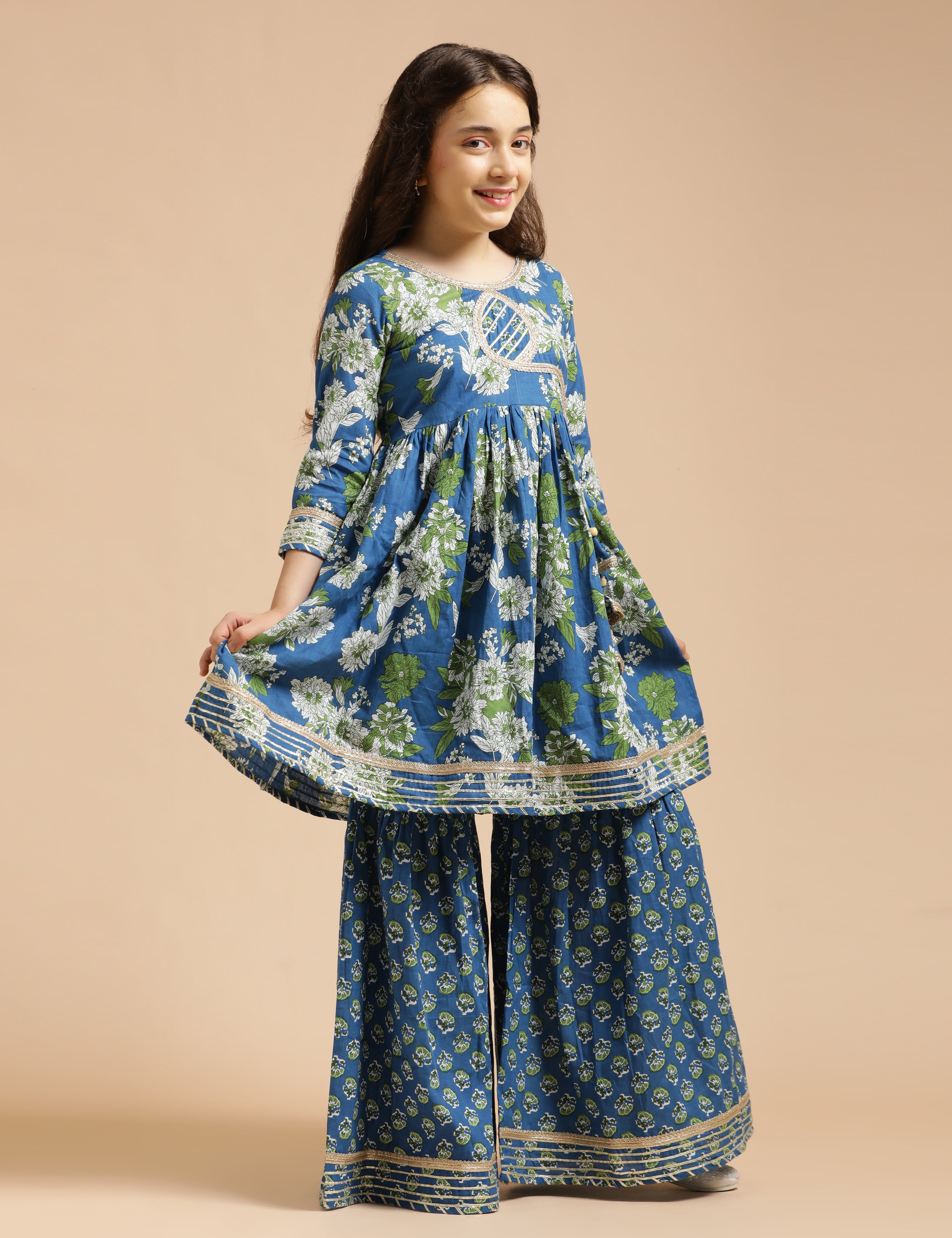 Girls Pure Cotton Floral Embroidered Anarkali Kurta With Sharara
