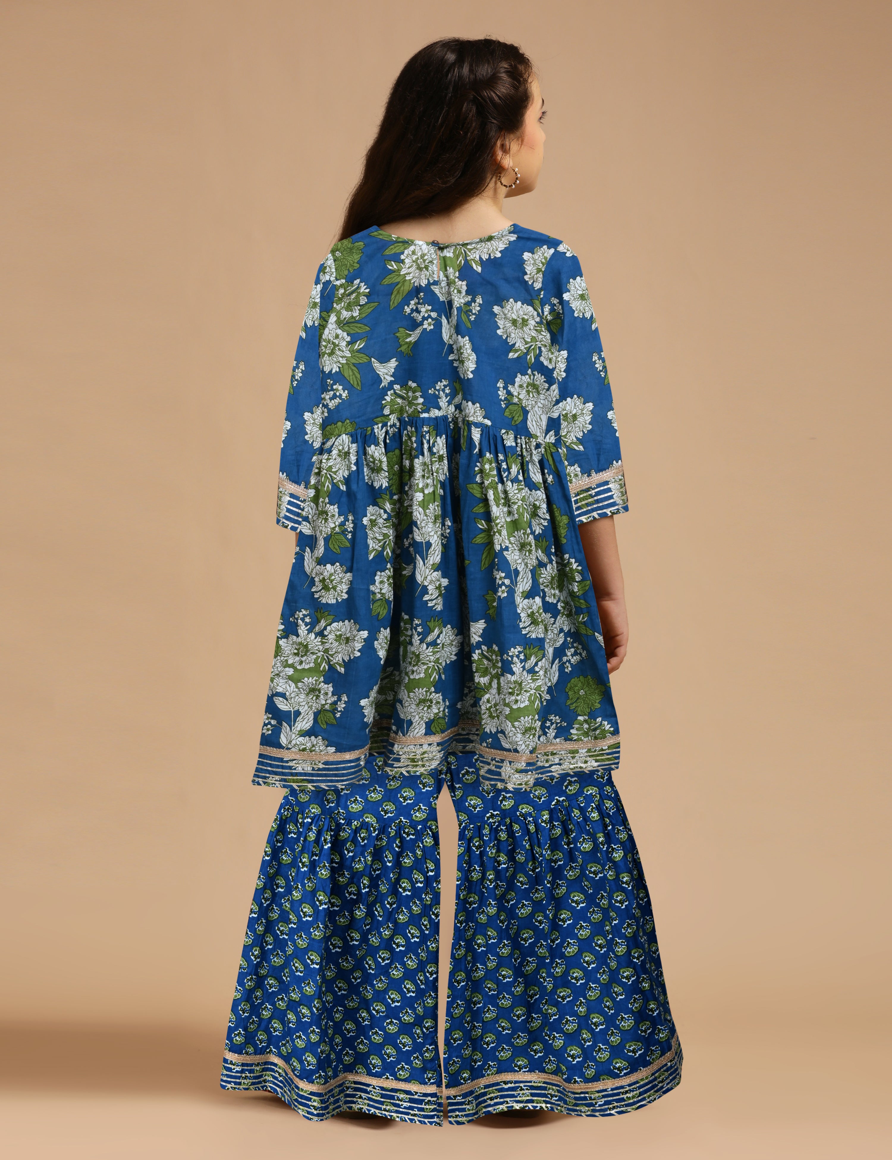 Girls Pure Cotton Floral Embroidered Anarkali Kurta With Sharara