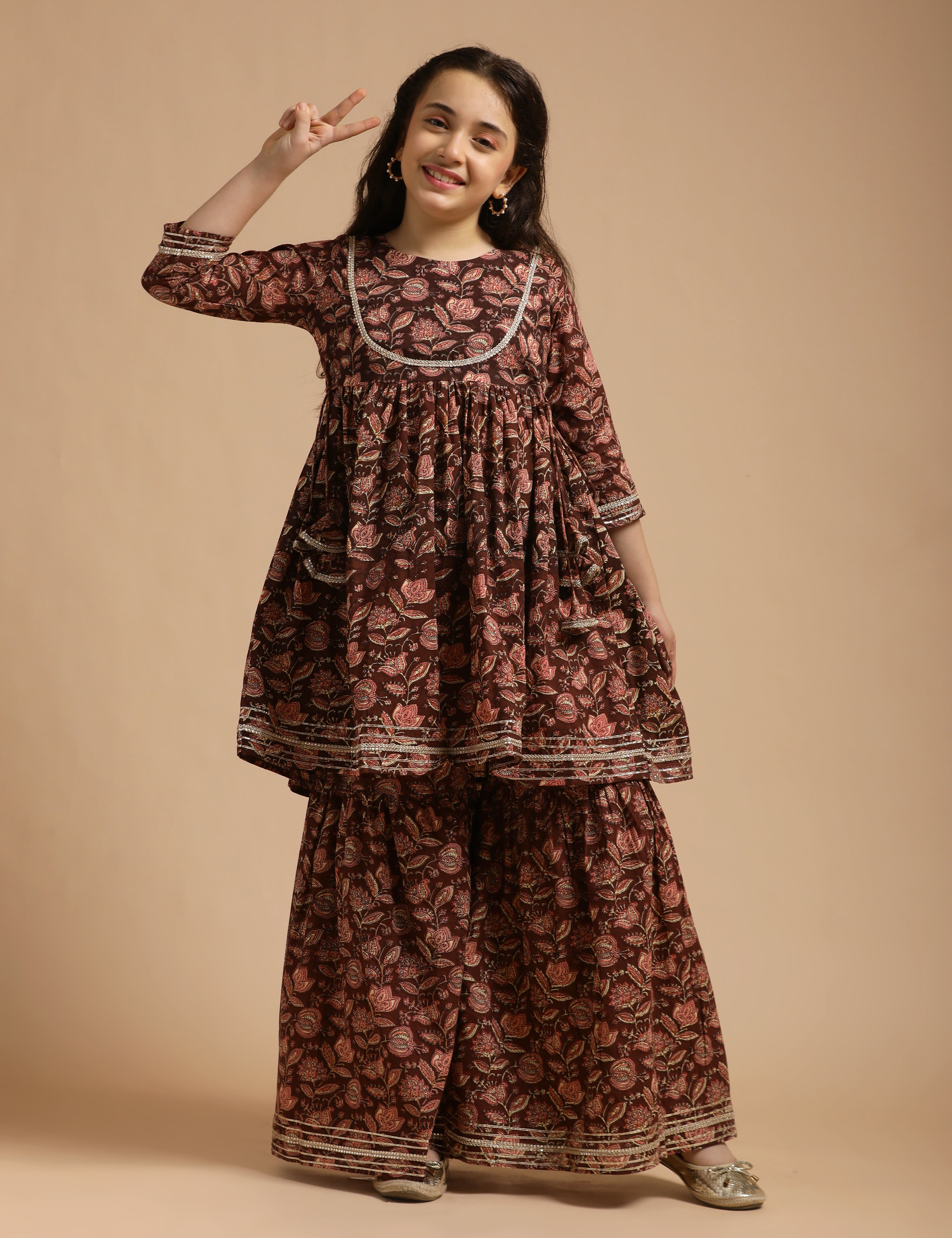 Girls Pure Cotton Floral Embroidered Anarkali Kurta With Sharara