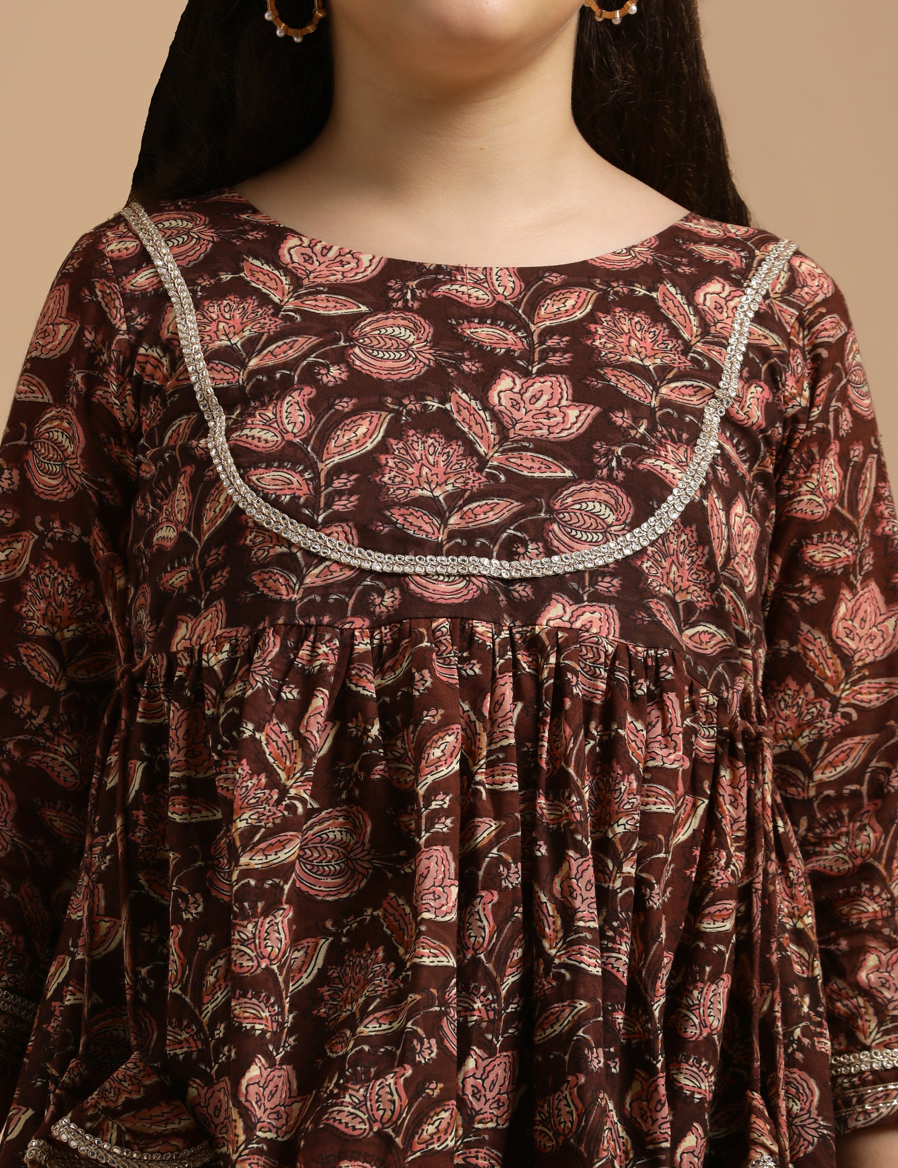 Girls Pure Cotton Floral Embroidered Anarkali Kurta With Sharara