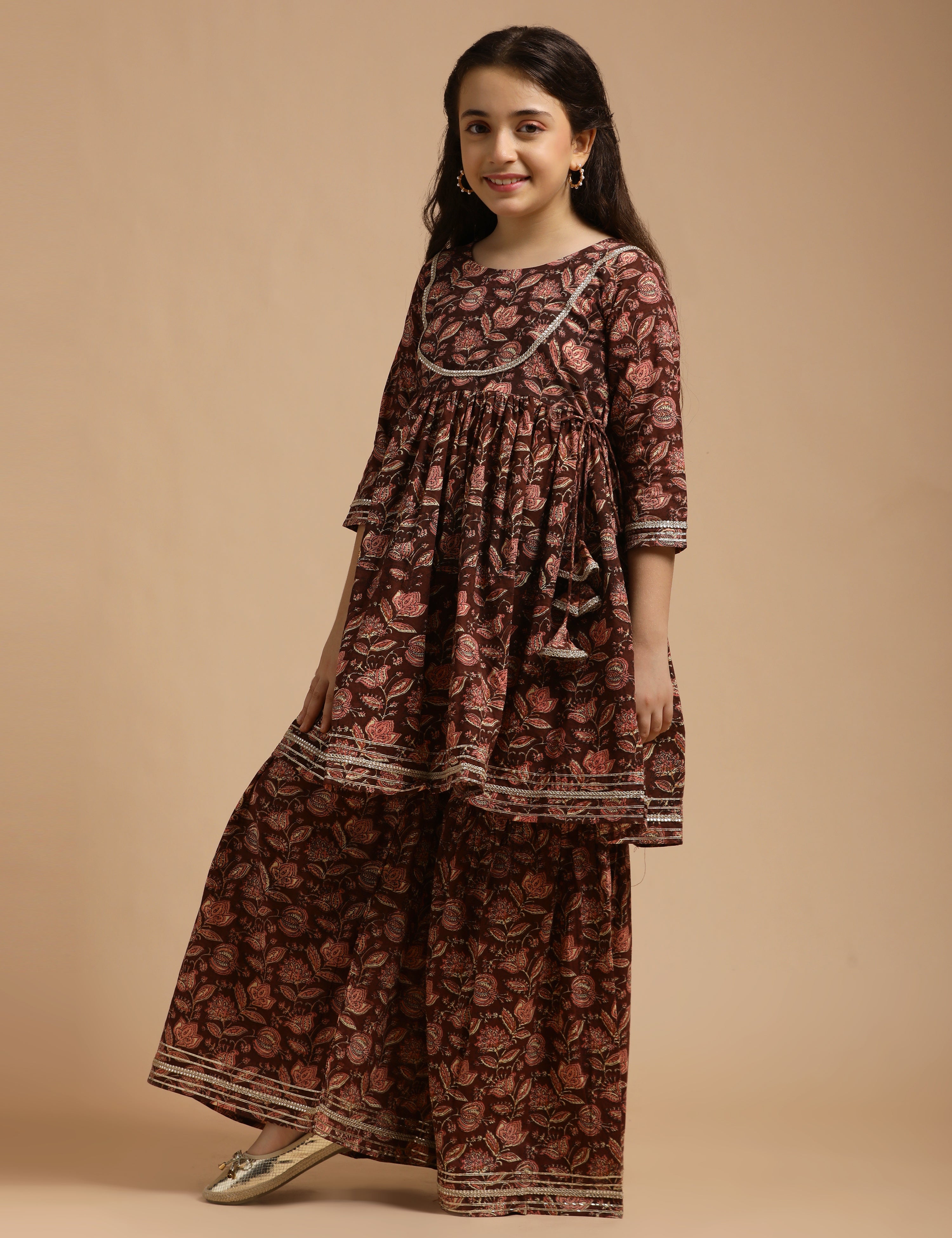 Girls Pure Cotton Floral Embroidered Anarkali Kurta With Sharara