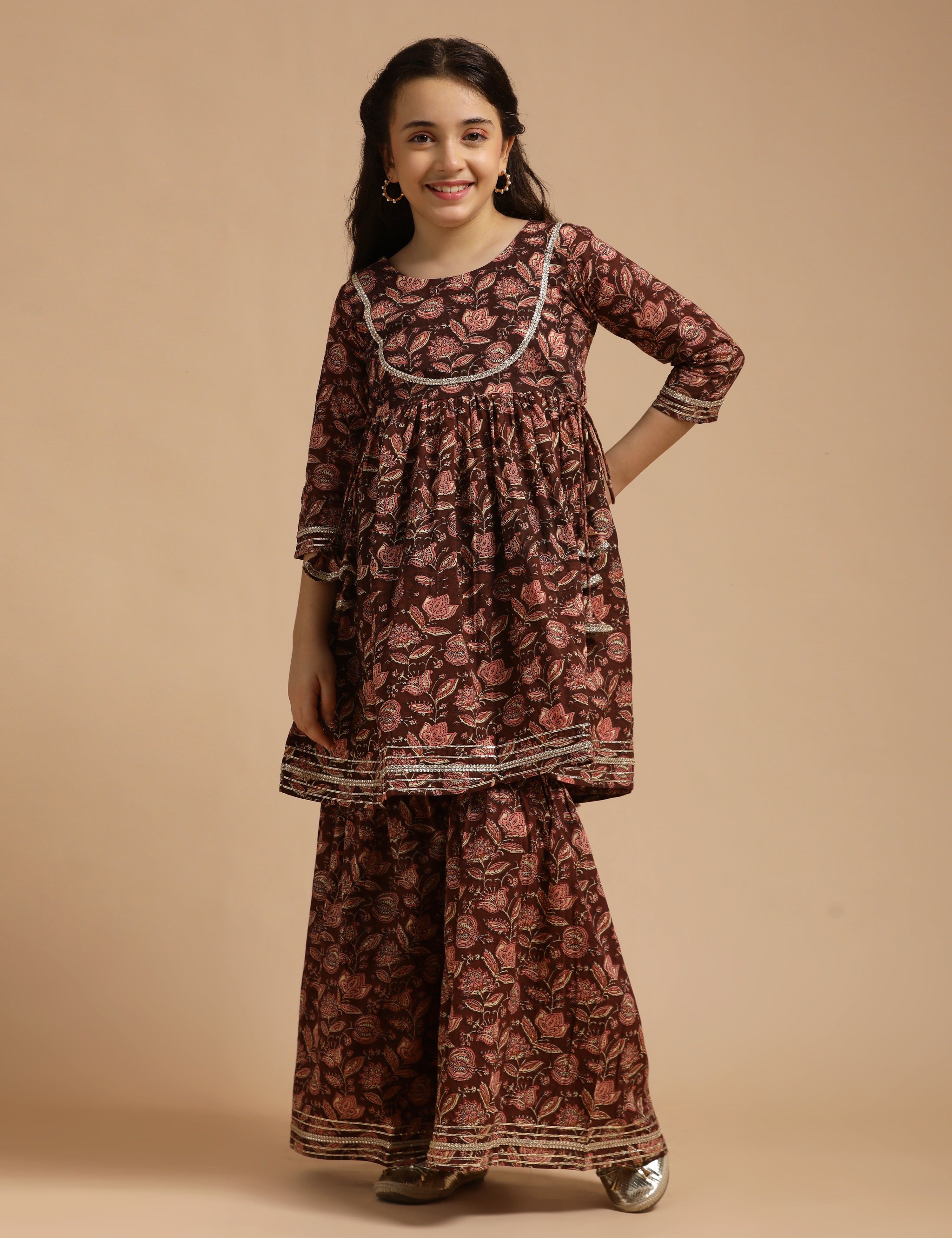 Girls Pure Cotton Floral Embroidered Anarkali Kurta With Sharara