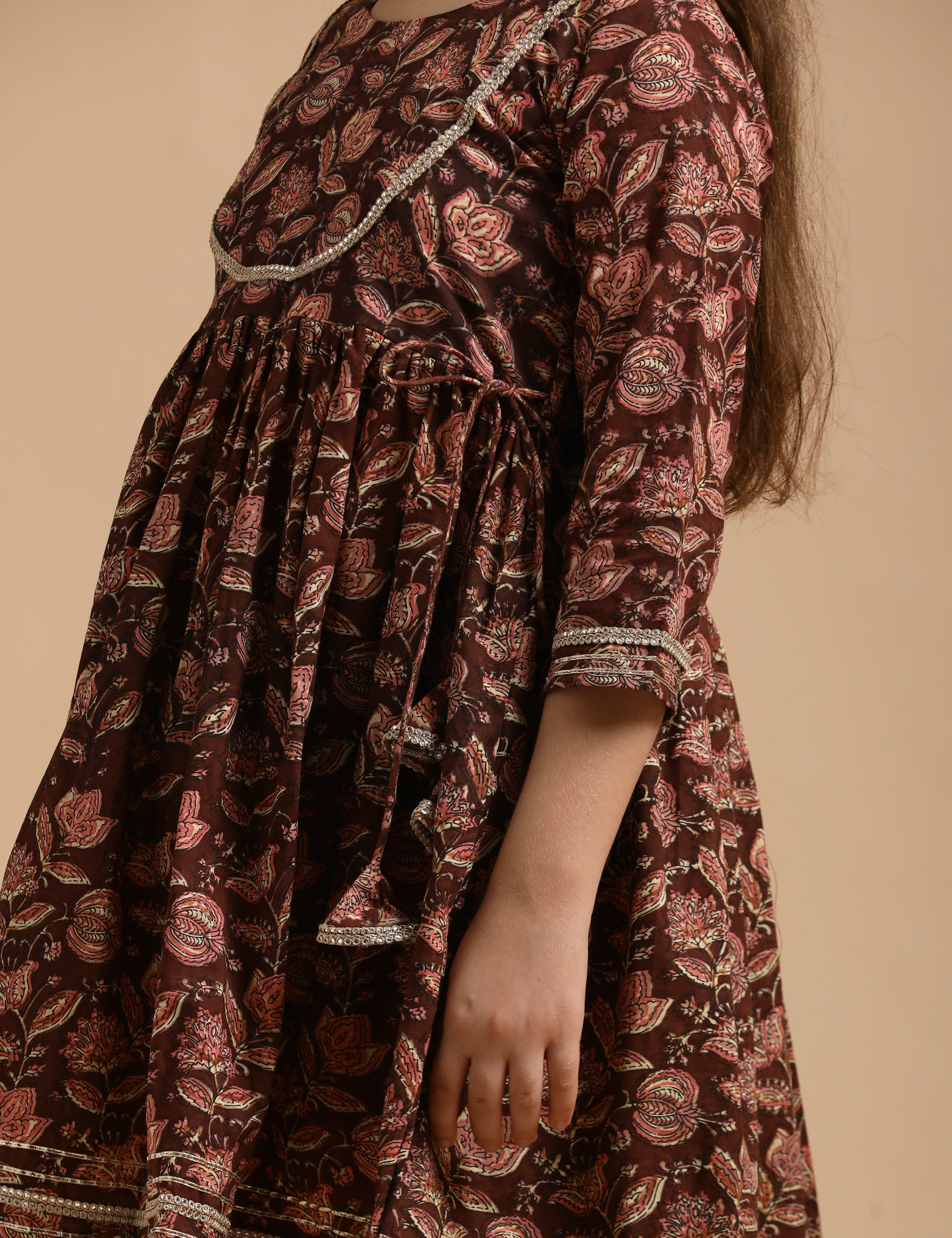 Girls Pure Cotton Floral Embroidered Anarkali Kurta With Sharara