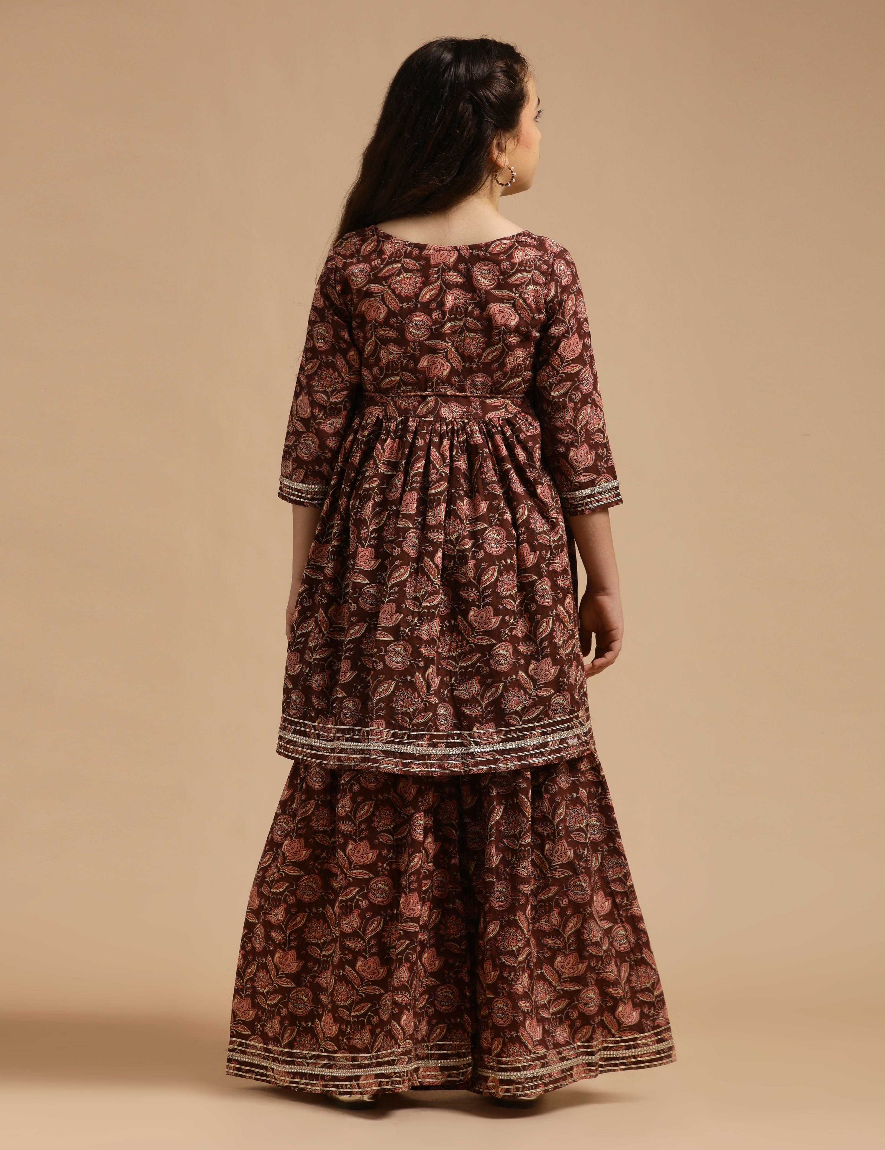 Girls Pure Cotton Floral Embroidered Anarkali Kurta With Sharara